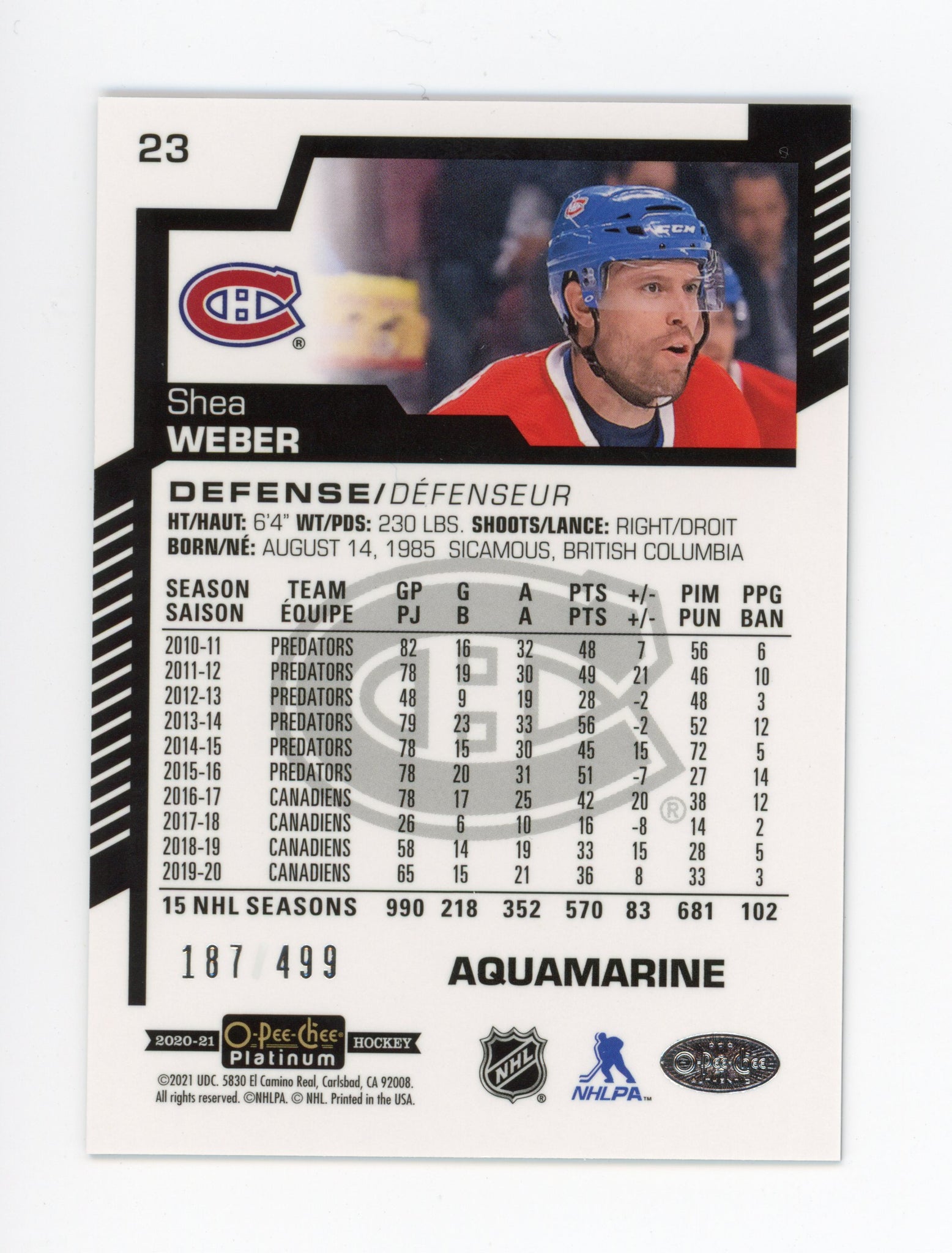 2020-2021 Shea Weber Aquamarine #d /499 Montreal Canadiens #23
