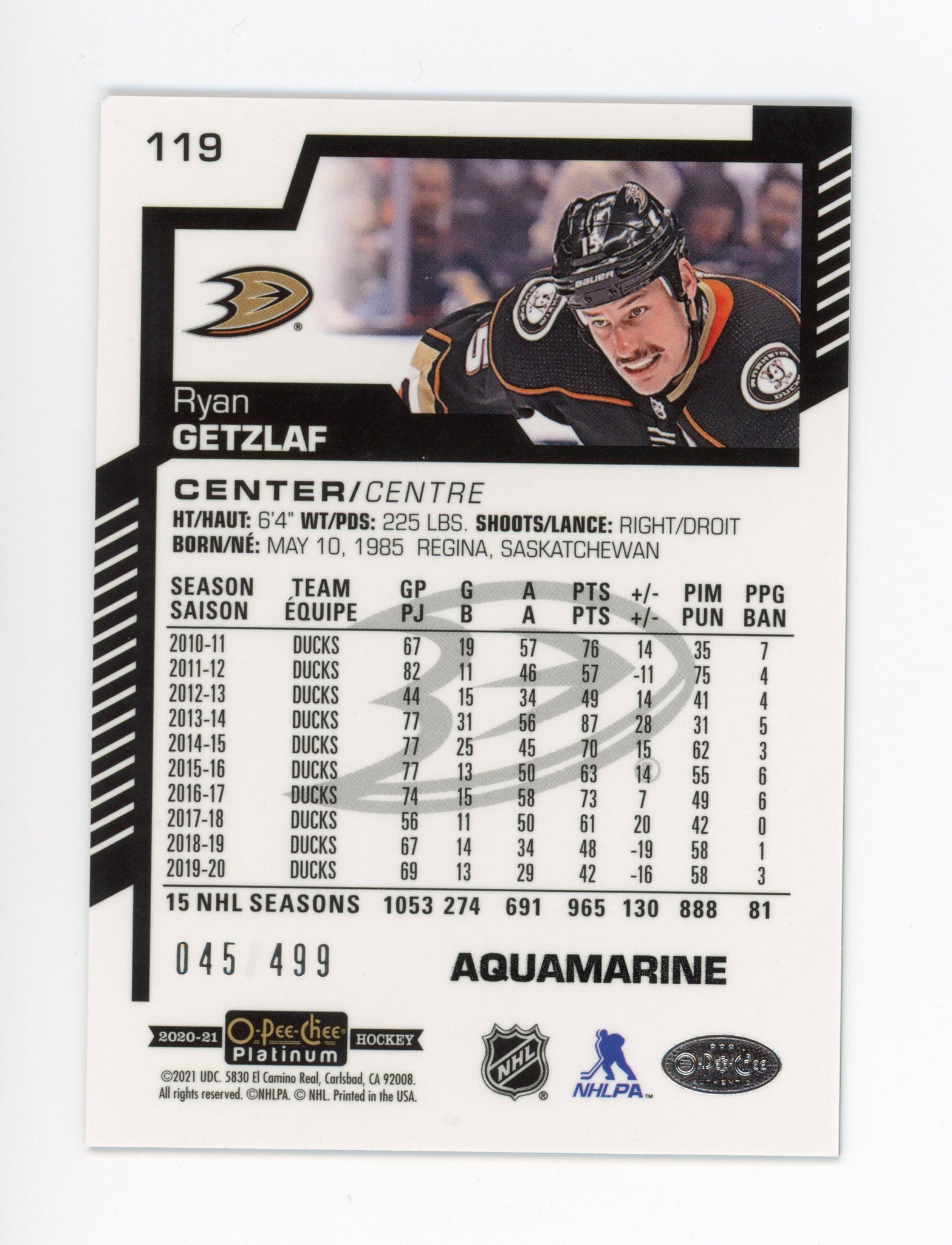 2020-2021 Ryan Getzlaf Aquamarine #d /499 OPC Anaheim Ducks # 119