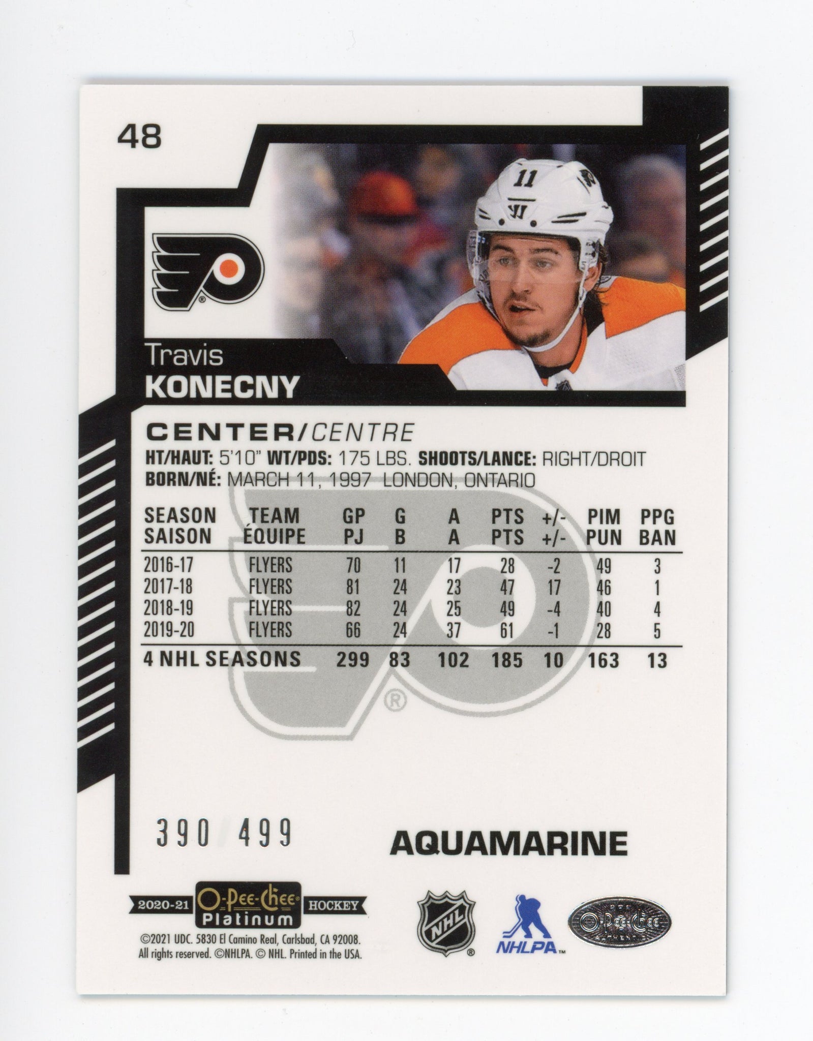2020-2021 Travis Konecny Aquamarine #d /499 OPC Philadelphia Flyers # 48