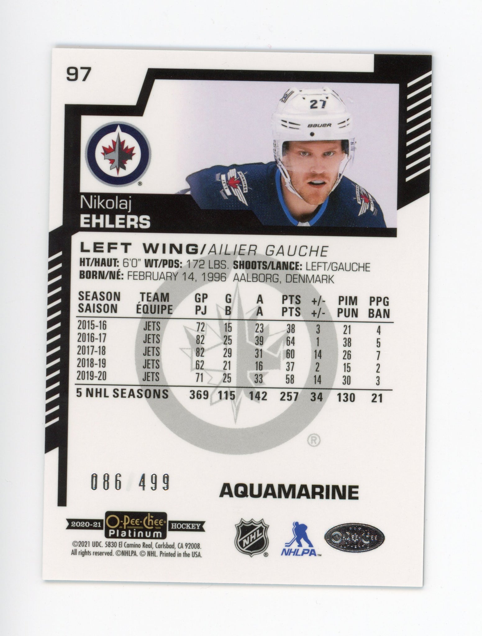 2020-2021 Nikolaj Ehlers Aquamarine #d /499 OPC Winnipeg Jets # 97