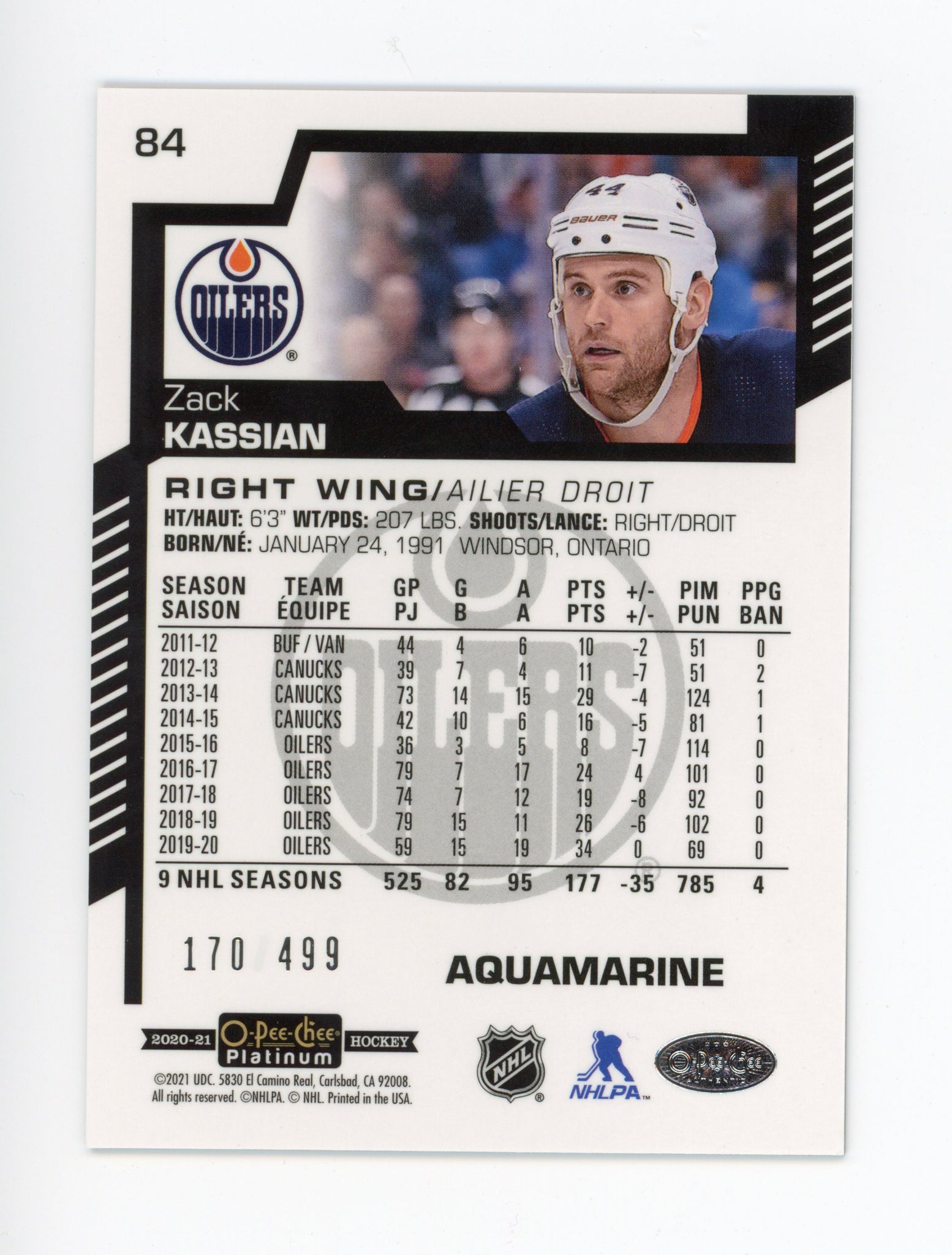 2020-2021 Zack Kassian Aquamarine #d /499 OPC Edmonton Oilers # 84