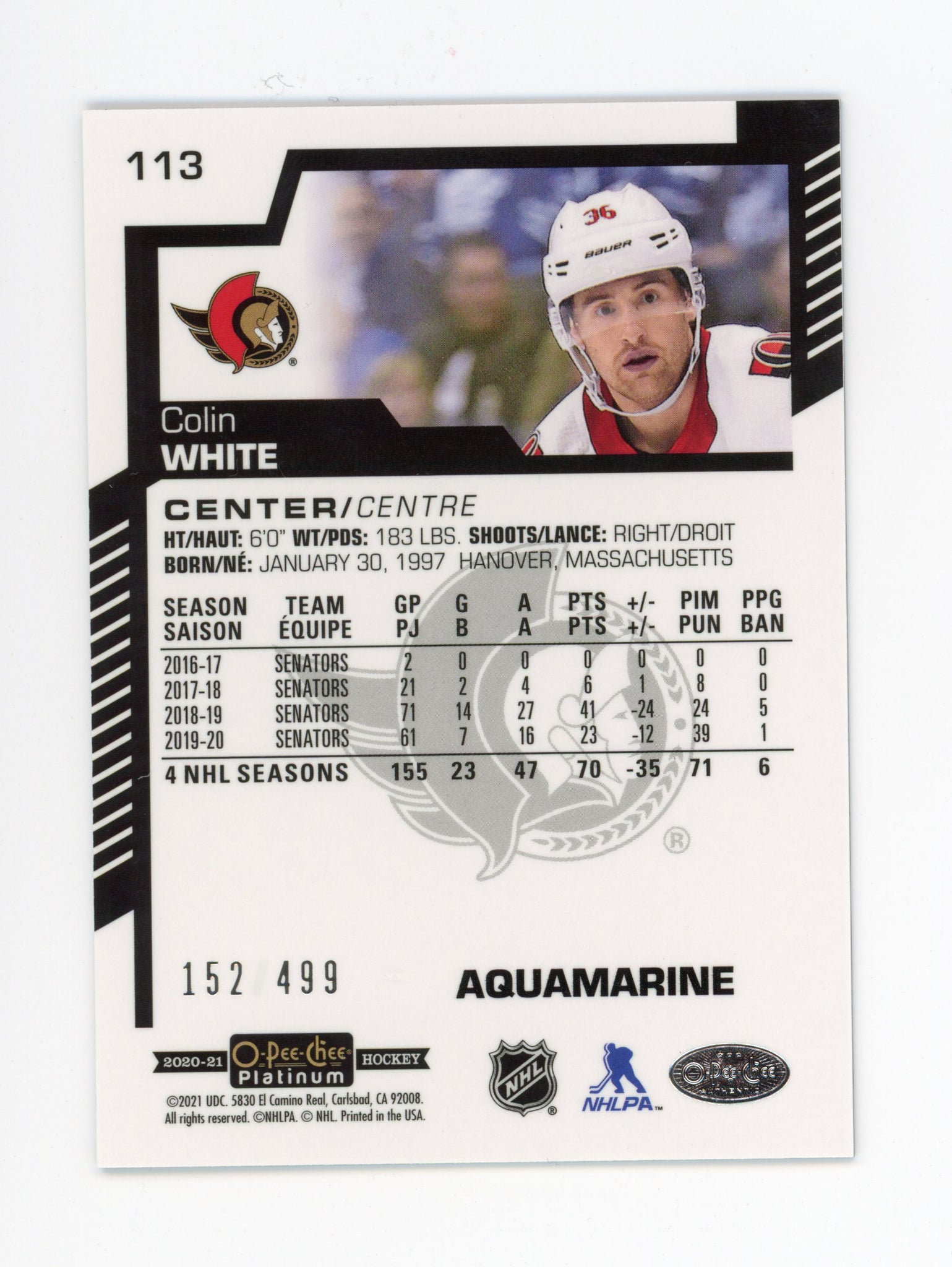 2020-2021 Colin White Aquamarine #d /499 OPC Ottawa Senators # 113