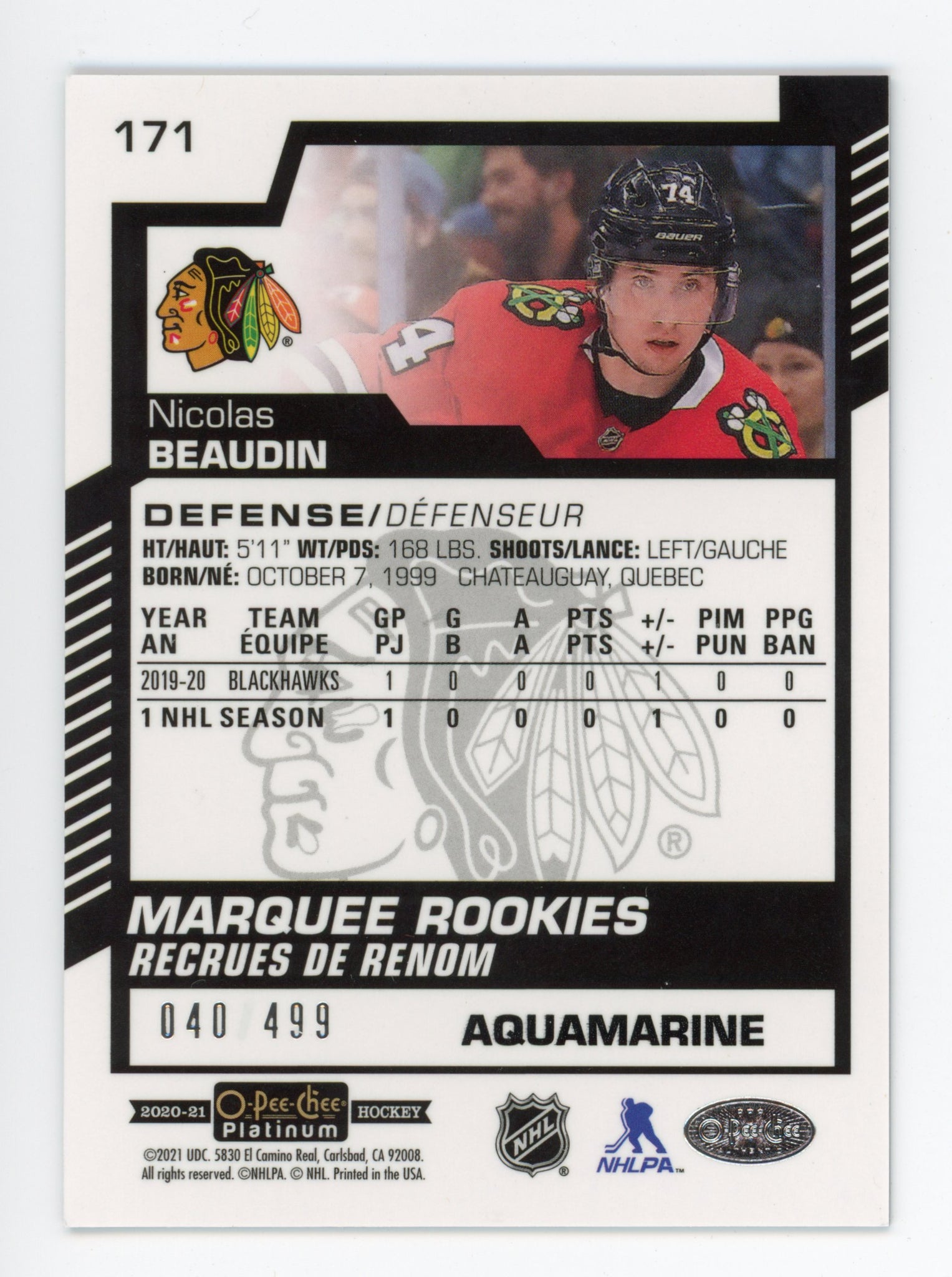 2020-2021 Nicolas Beaudin Aquamarine #d /499 Marquee Rookies Chicago Blackhawks # 171