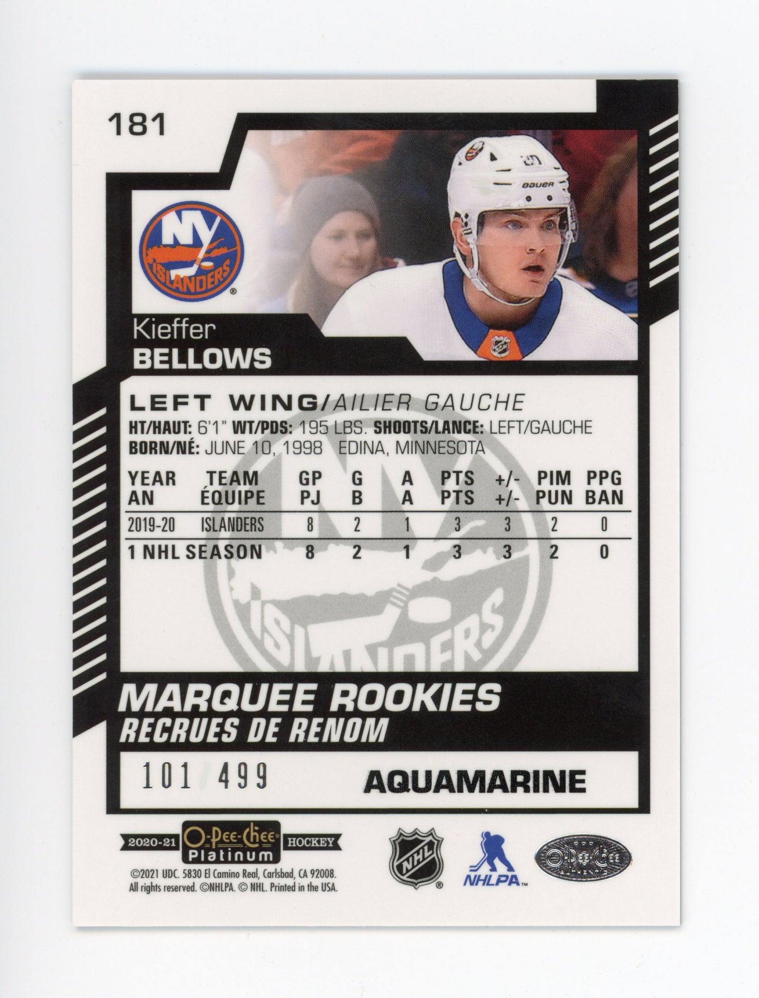 2020-2021 Kieffer Bellows Aquamarine #d /499 Marquee Rookies New York Islanders # 181