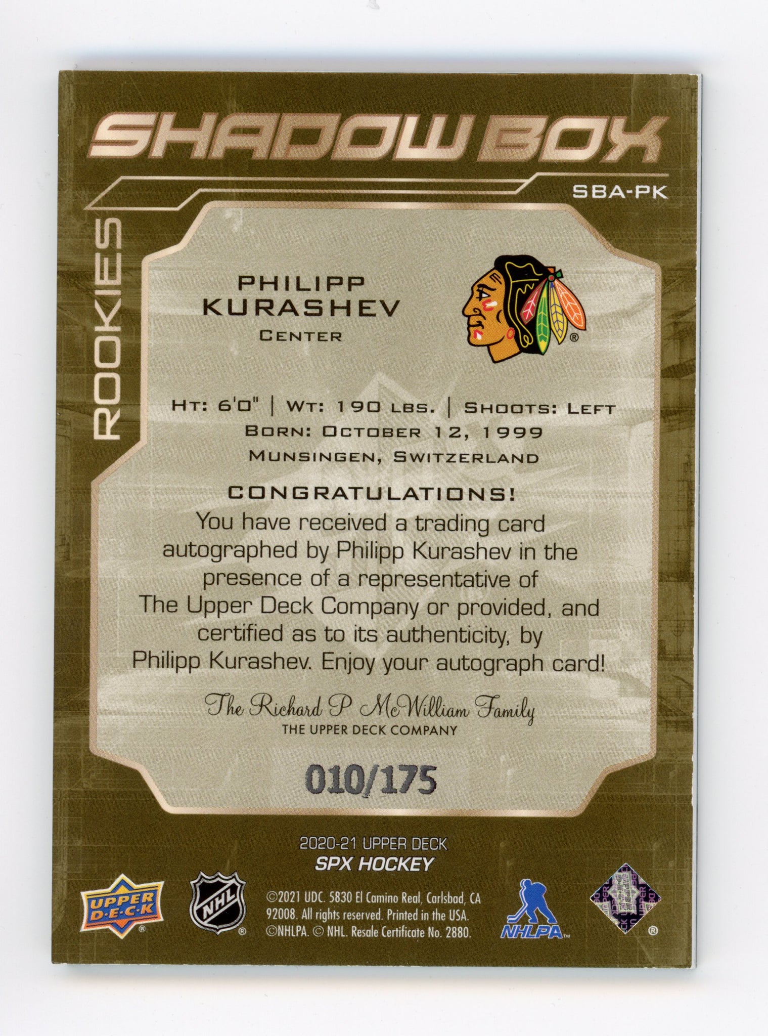 2020-2021 Philipp Kurashev Shadowbox #d /175 SPX Chicago Blackhawks # SBA-PK