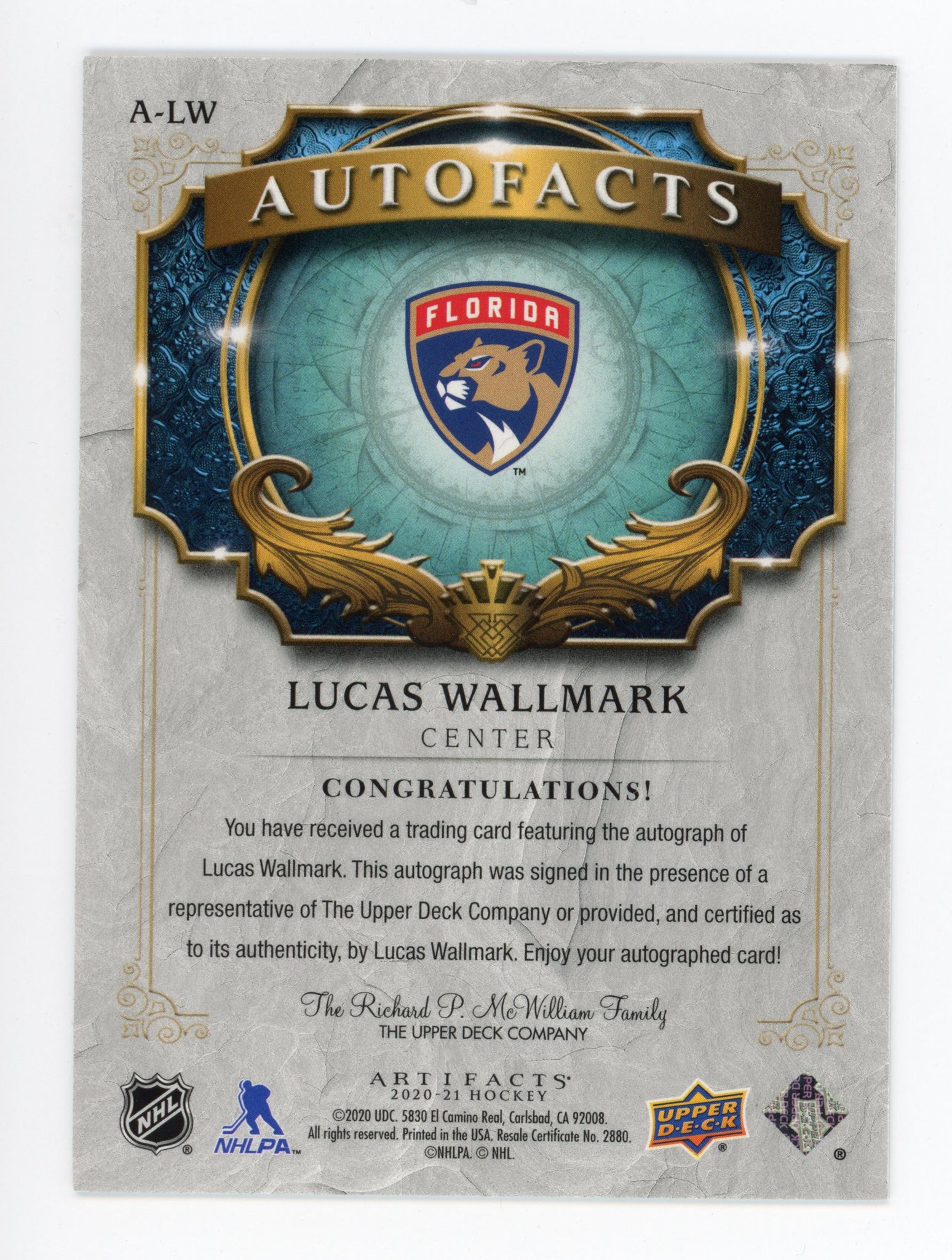 2020-2021 Lucas Wallmark Autofacts Artifacts Florida Panthers # A-LW