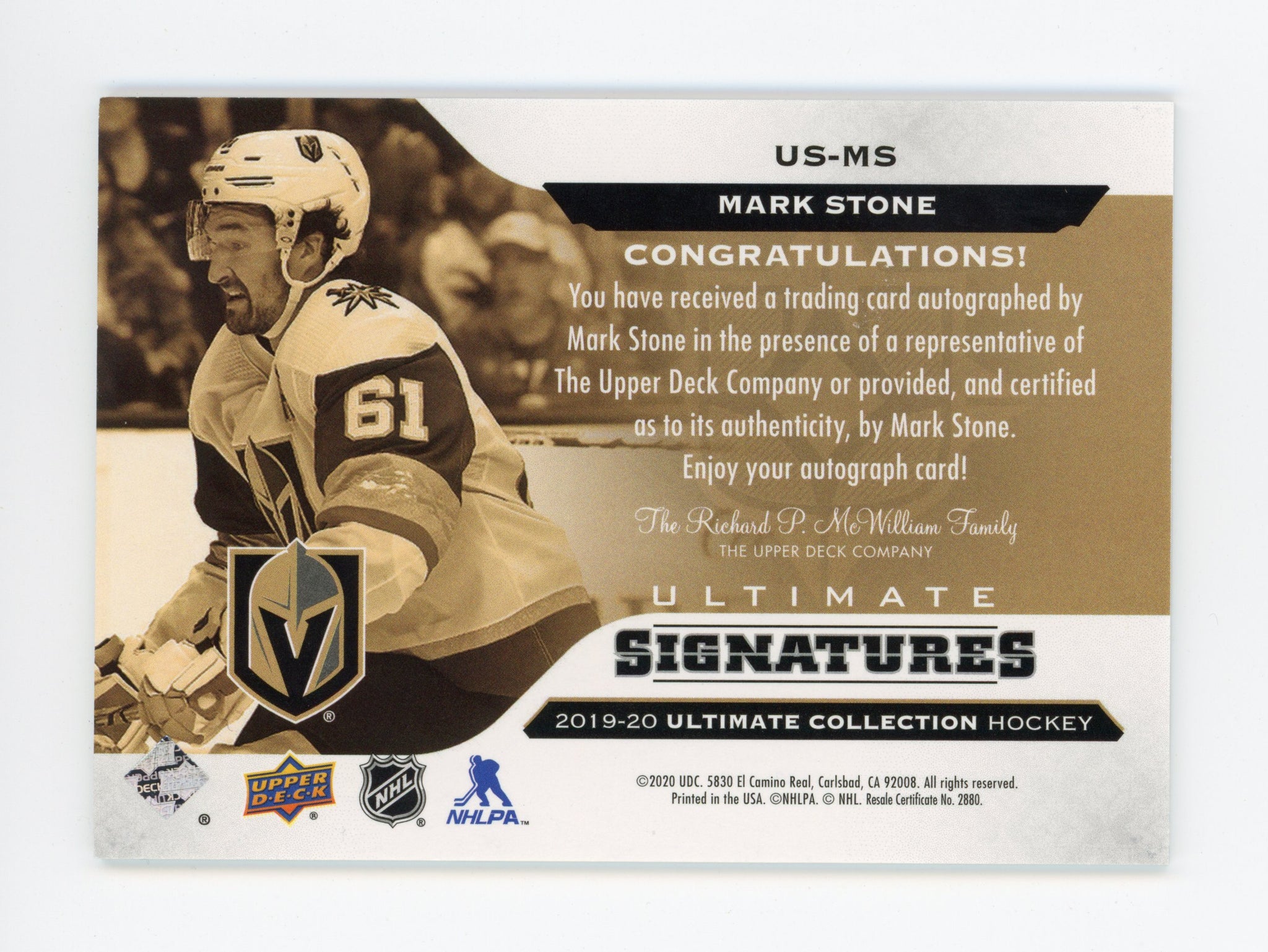 2019-2020 Mark Stone Ultimate Signatures Upper Deck Las Vegas Golden Knights # US-MS