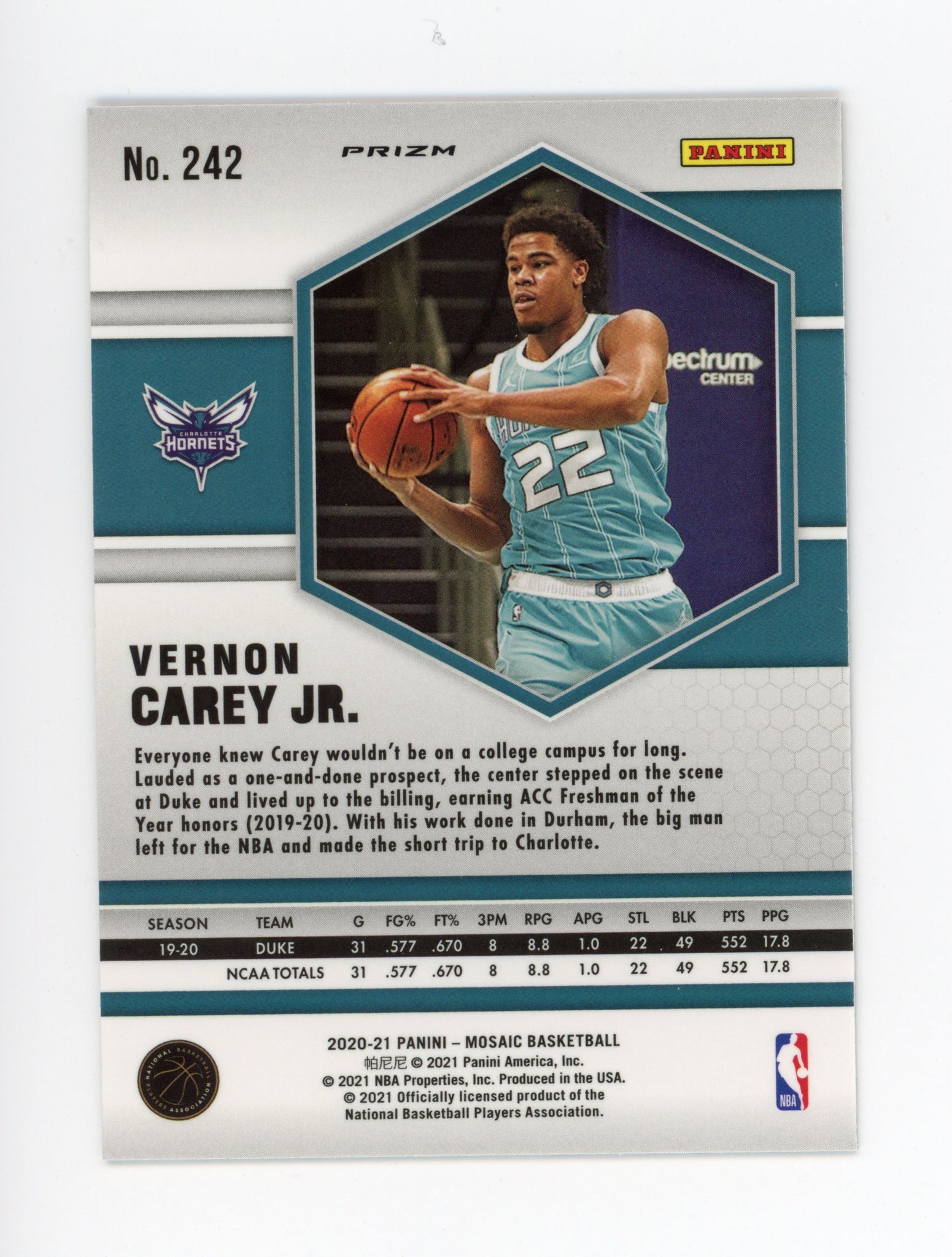2020-2021 Vernon Carey Jr Mosaic Orange Mosaic Charlotte Hornets # 242