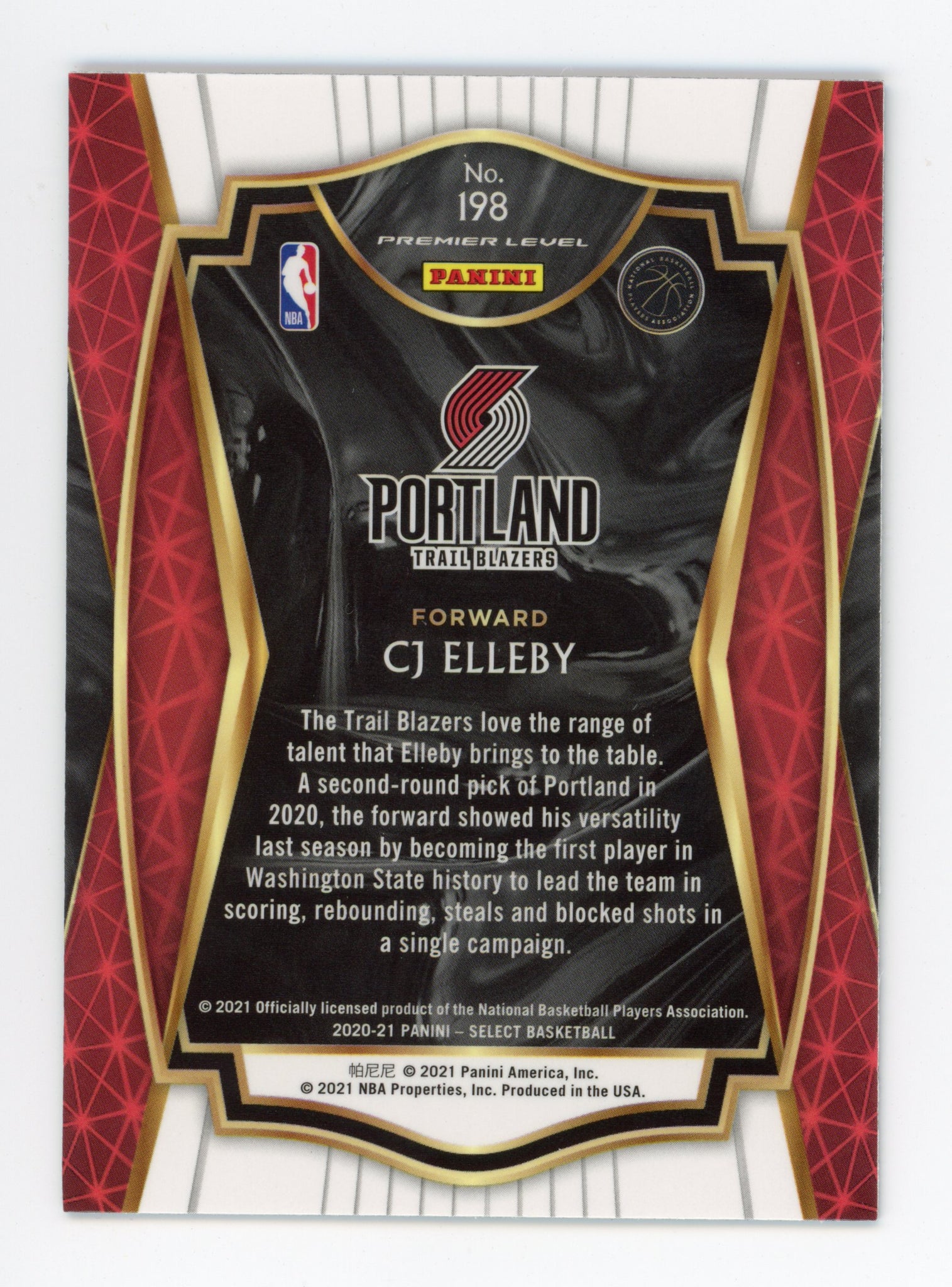 2020-2021 Cj Elleby Rookie Premier Level Panini Portland Trail Blazers # 100