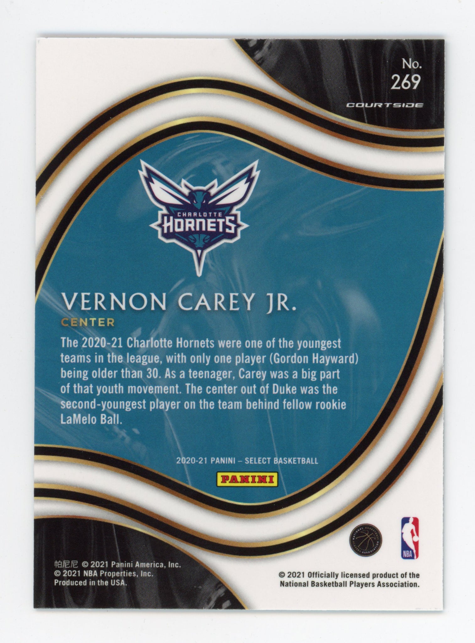 2020-2021 Vernon Carey Jr Courtside Rookie Panini Charlotte Hornets # 242