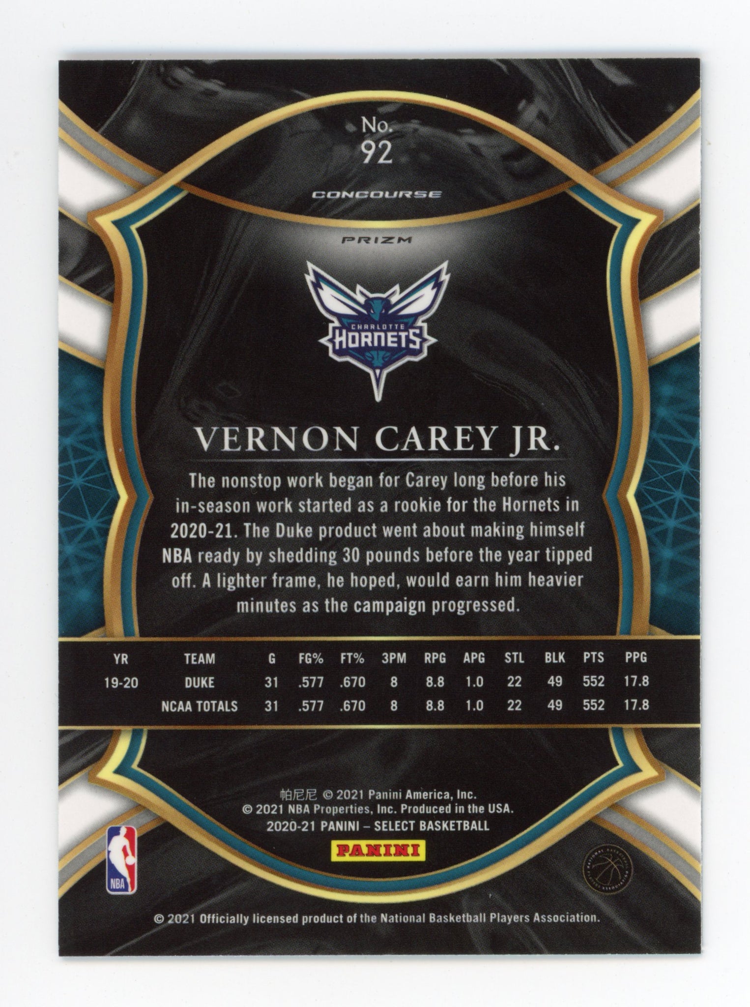 2020-2021 Vernon Carey Jr Concourse Rookie Panini Charlotte Hornets # 92