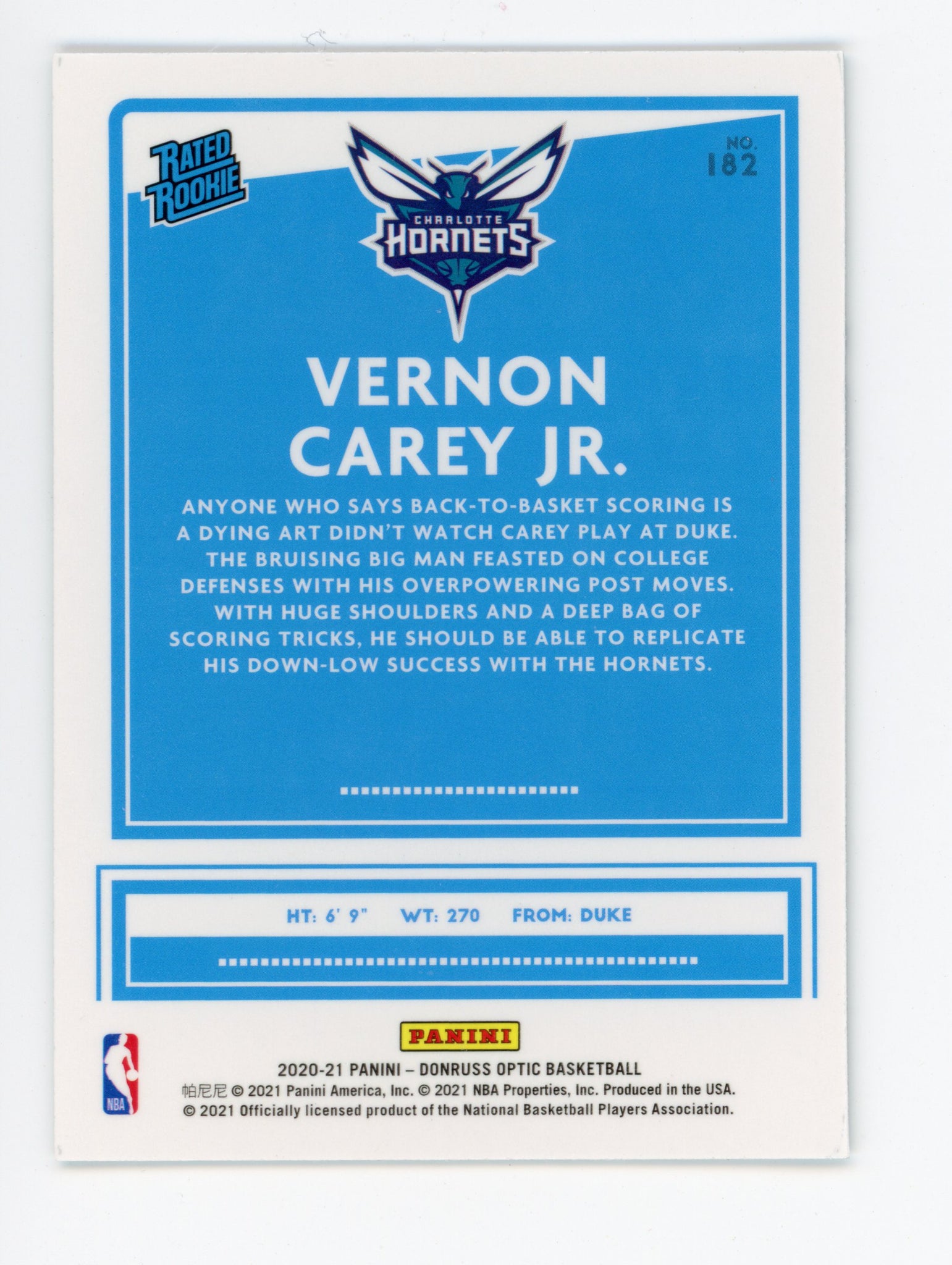 2020-2021 Vernon Carey Jr Rated Rookie Panini Charlotte Hornets # 182