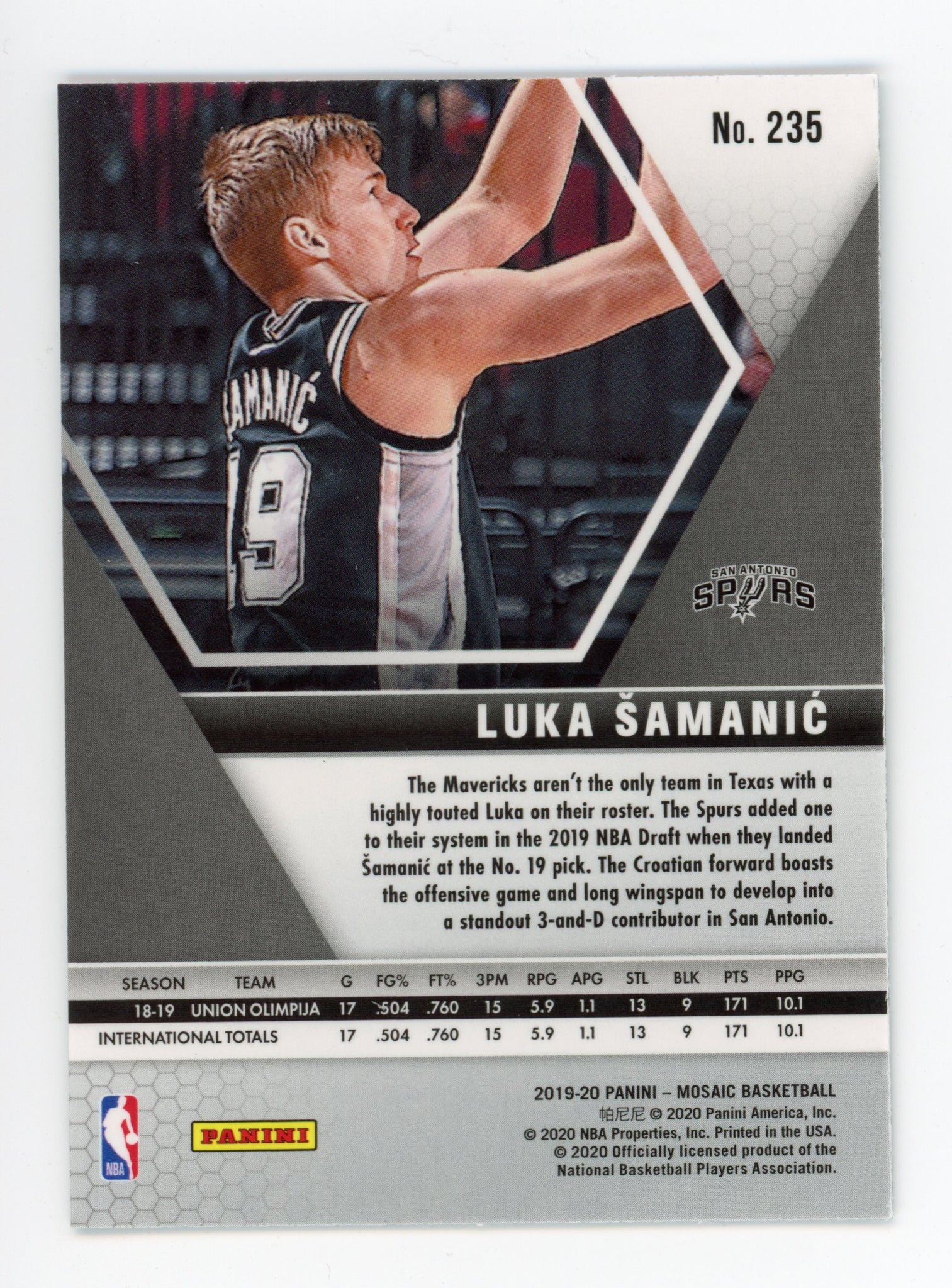 2019-2020 Luka Samanic Rookie Mosaic Panini San Antonio Spurs # 235