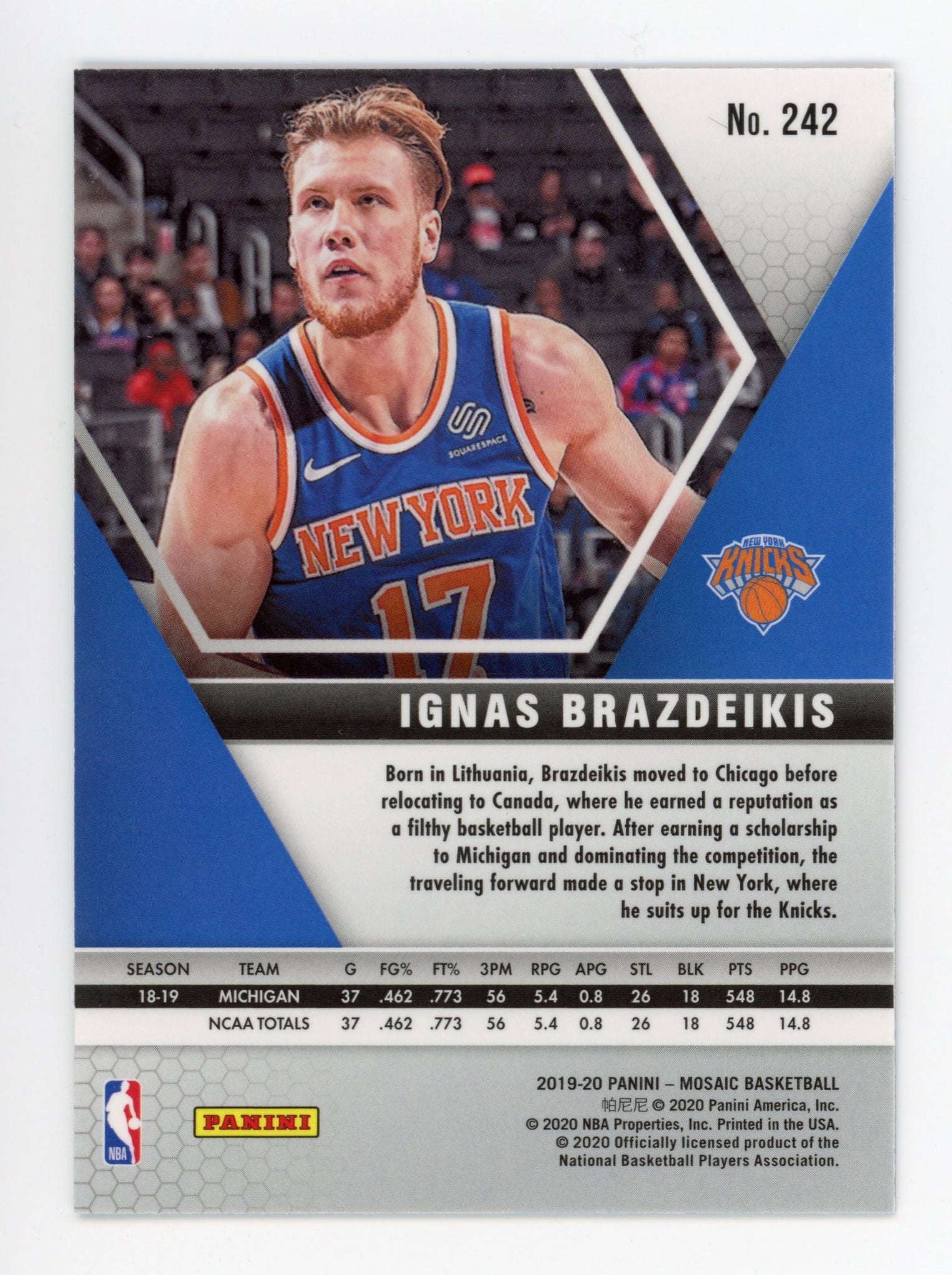 2019-2020 Ignas Brazdeikis Rookie Mosaic Panini New York Knicks # 242