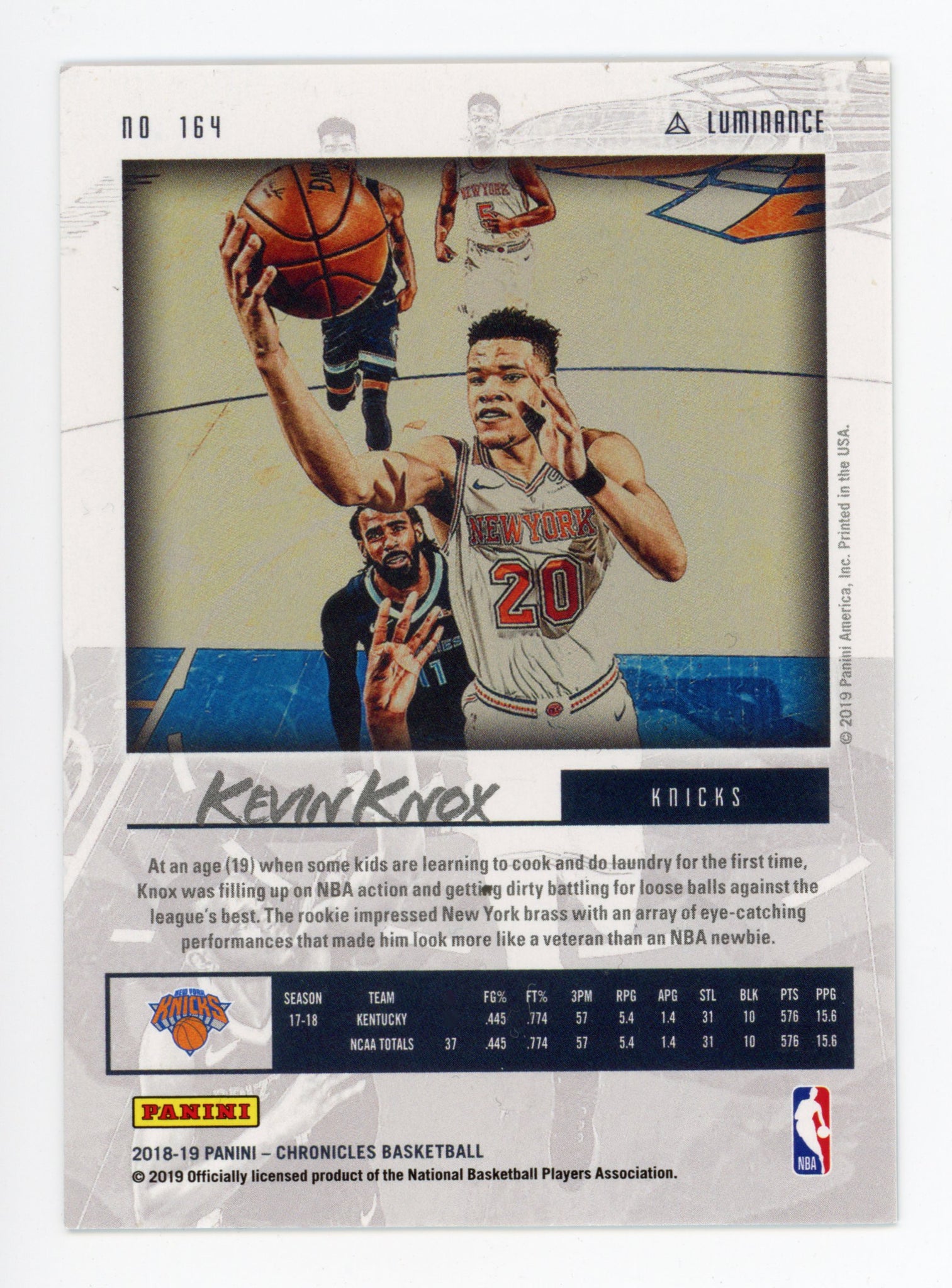 2018-2019 Kevin Knox Rookie Luminance Panini New York Knicks # 164