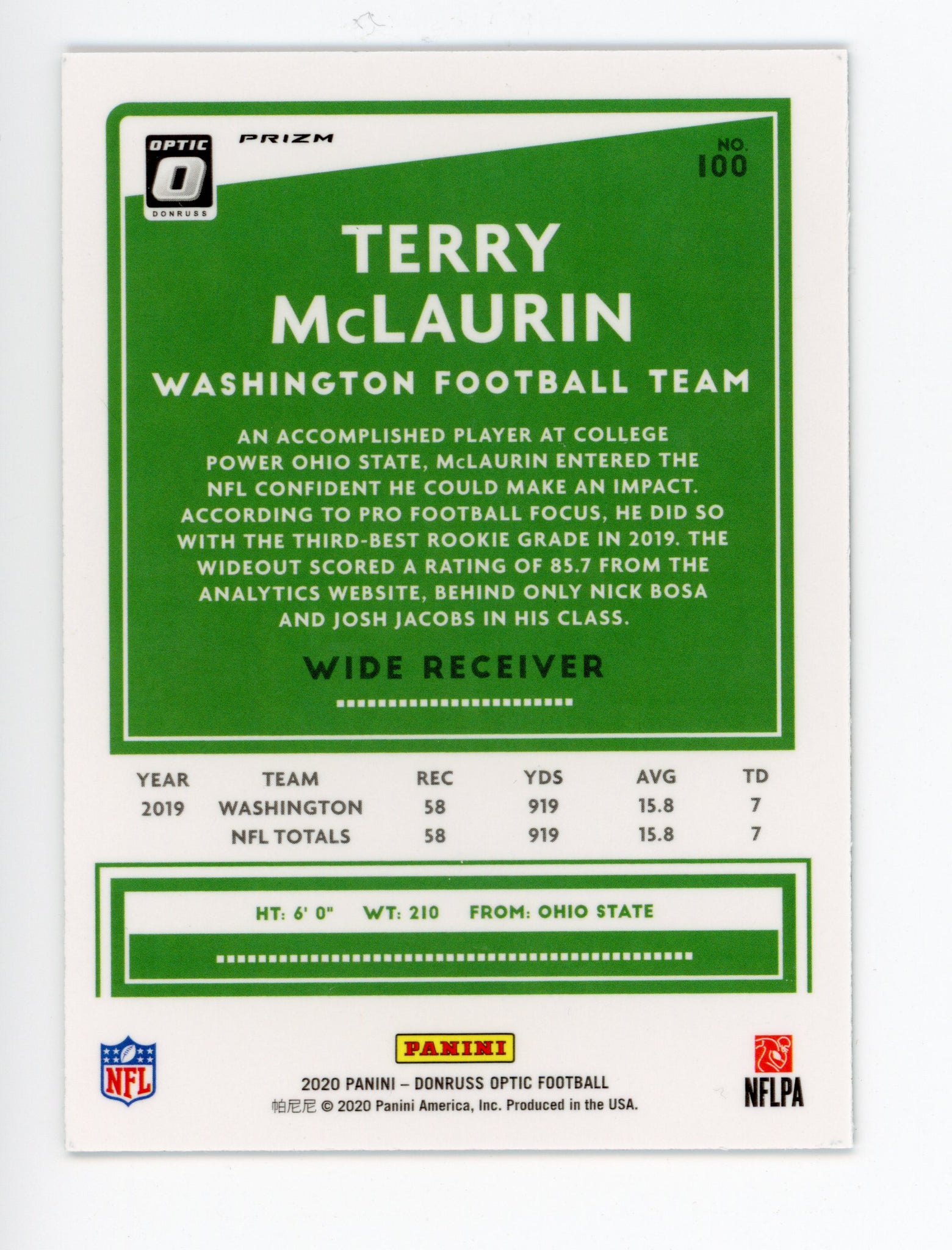 2020 Terry Mclaurin Refractor Optic Washington Football Team #100
