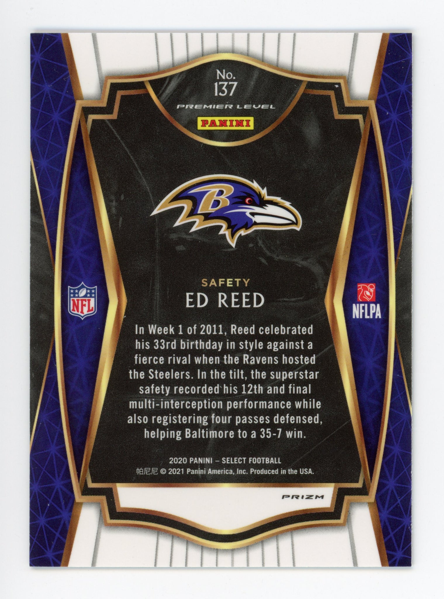 2020 Ed Reed Refractor Panini Select Baltimore Ravens # 137