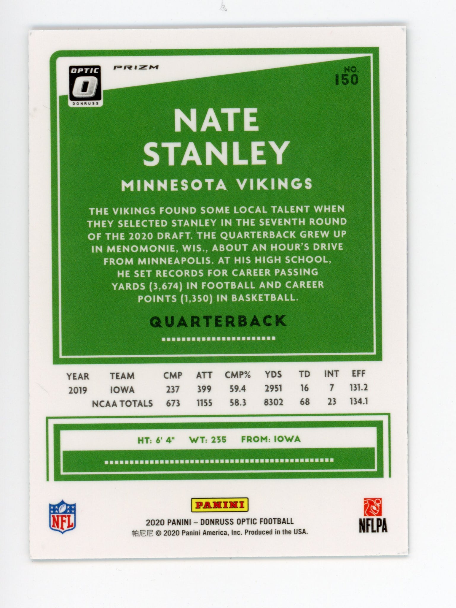 2020 Nate Stanley Rookie Refractor Optic Panini Minnesota Vikings # 150