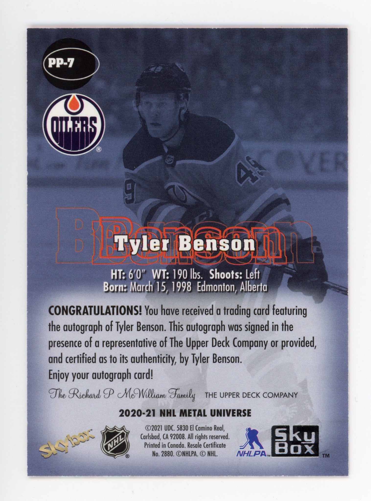 2020-2021 Tyler Benson Autographed Metal Universe Skybox Edmonton Oilers # PP-7