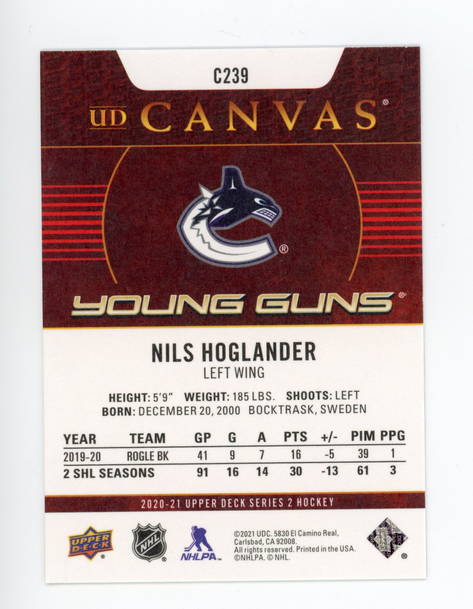 2020-2021 Nils Hoglander Young Guns Canvas Upper Deck Series 2 Vancouver Canucks # C239