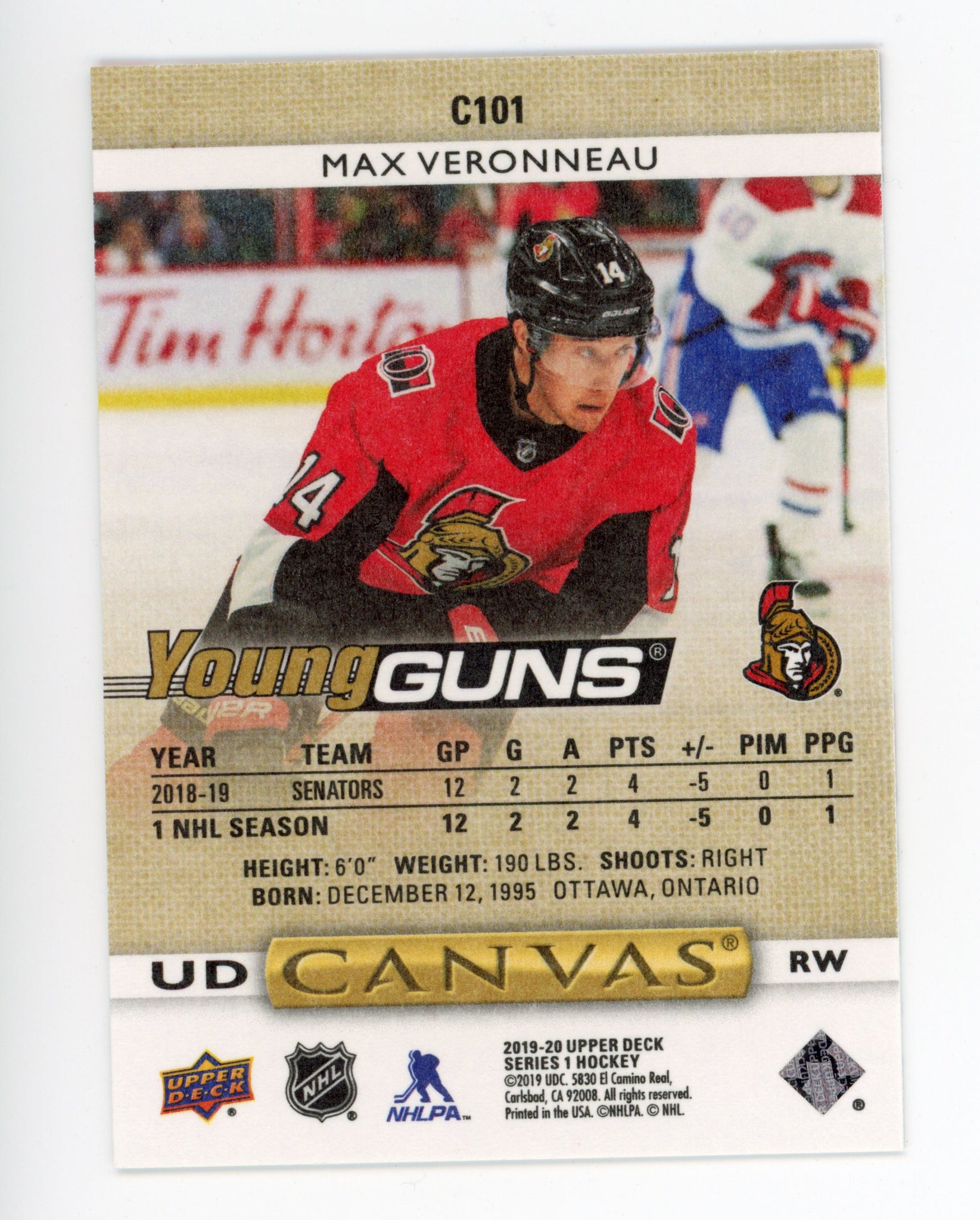 2019-2020 Max Veronneau Young Guns Canvas Upper Deck Series 1 Ottawa Senators # C101