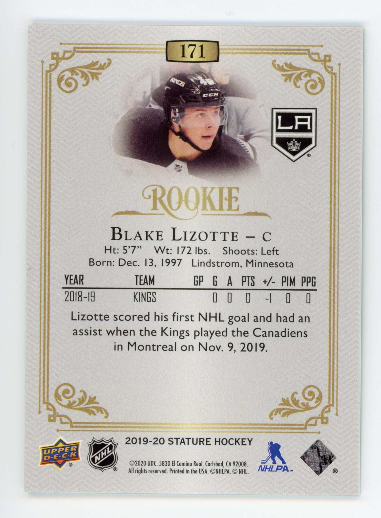 2019-2020 Blake Lizotte Rookie #d /149 Stature Los Angeles Kings # 171