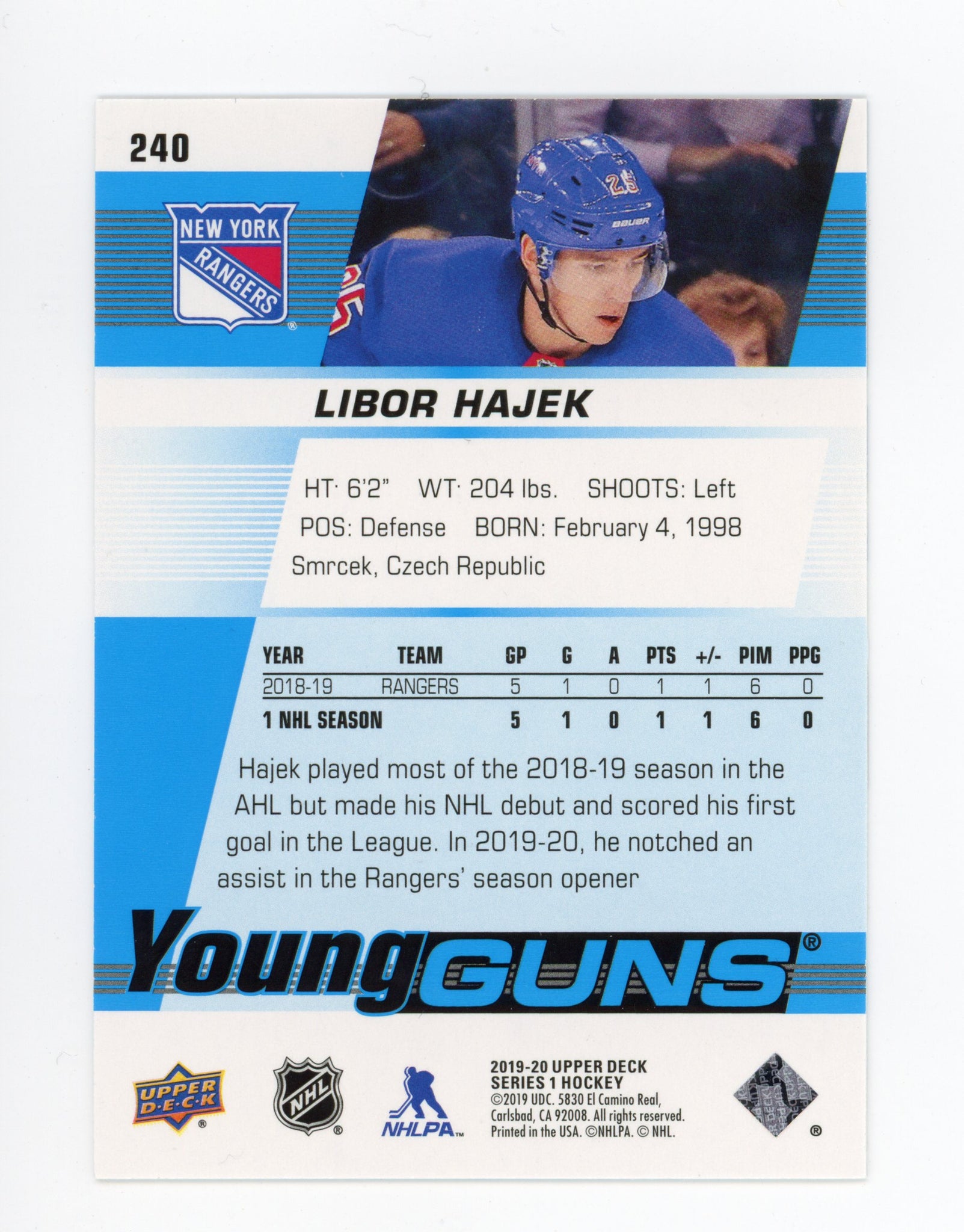 2019-2020 Libor Hajek Young Guns Upper Deck Series 1 New York Rangers # 240