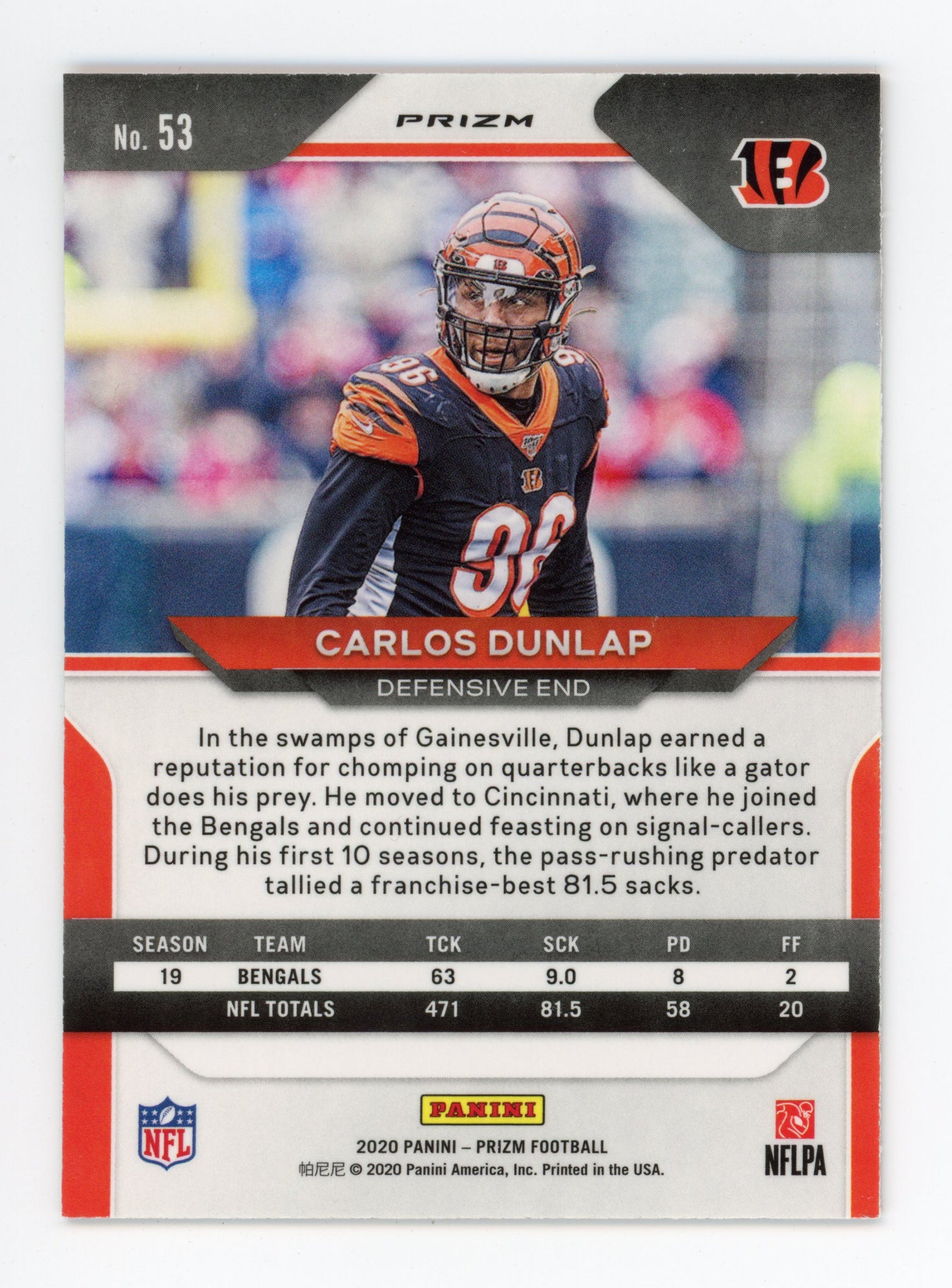 2020 Carlos Dunlap Lazer Prizm Cincinnati Bengals # 53