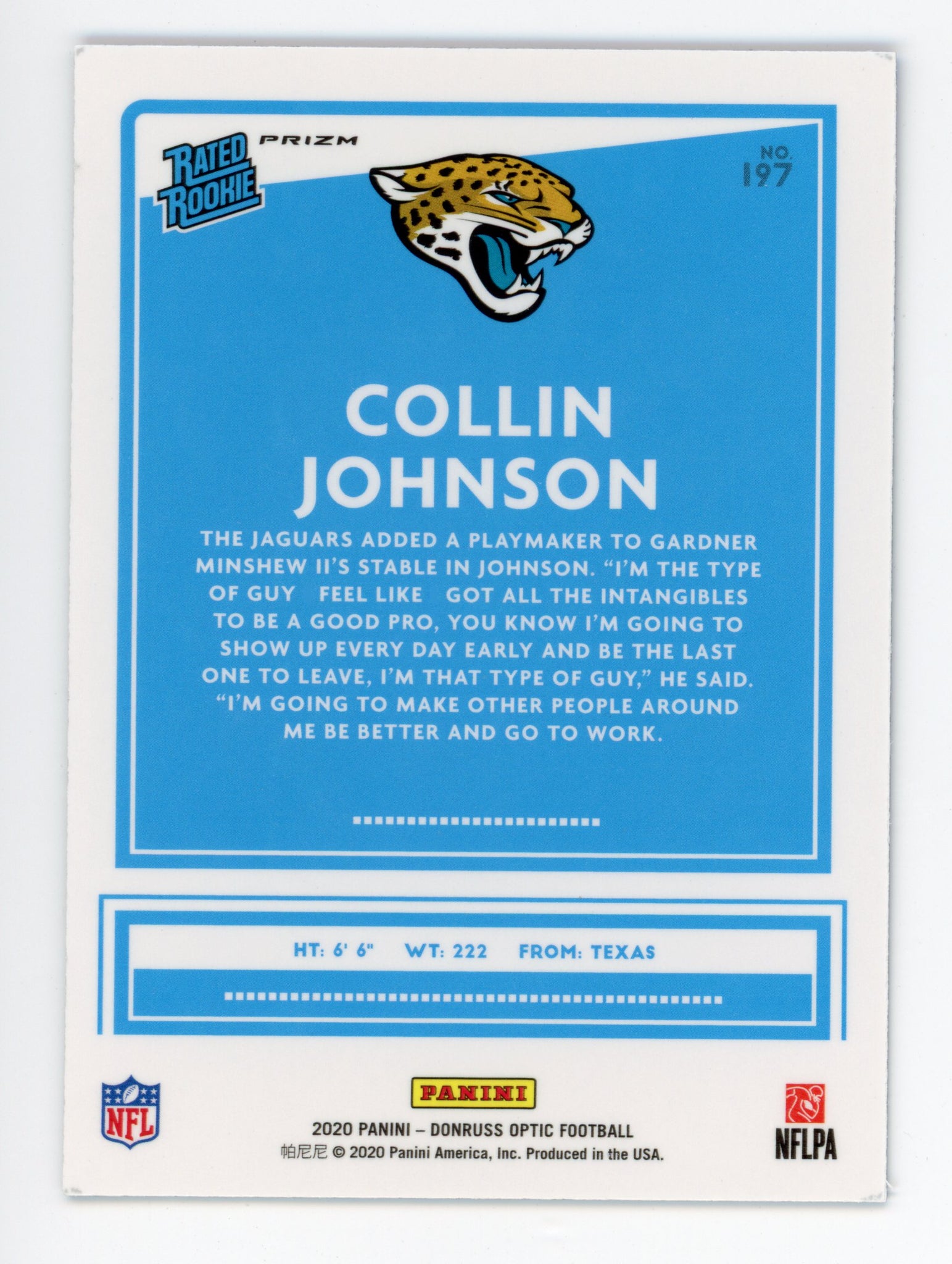 2020 Collin Johnson Blue Scope Rated Rookie Prizm Panini Jacksonville Jaguars # 197