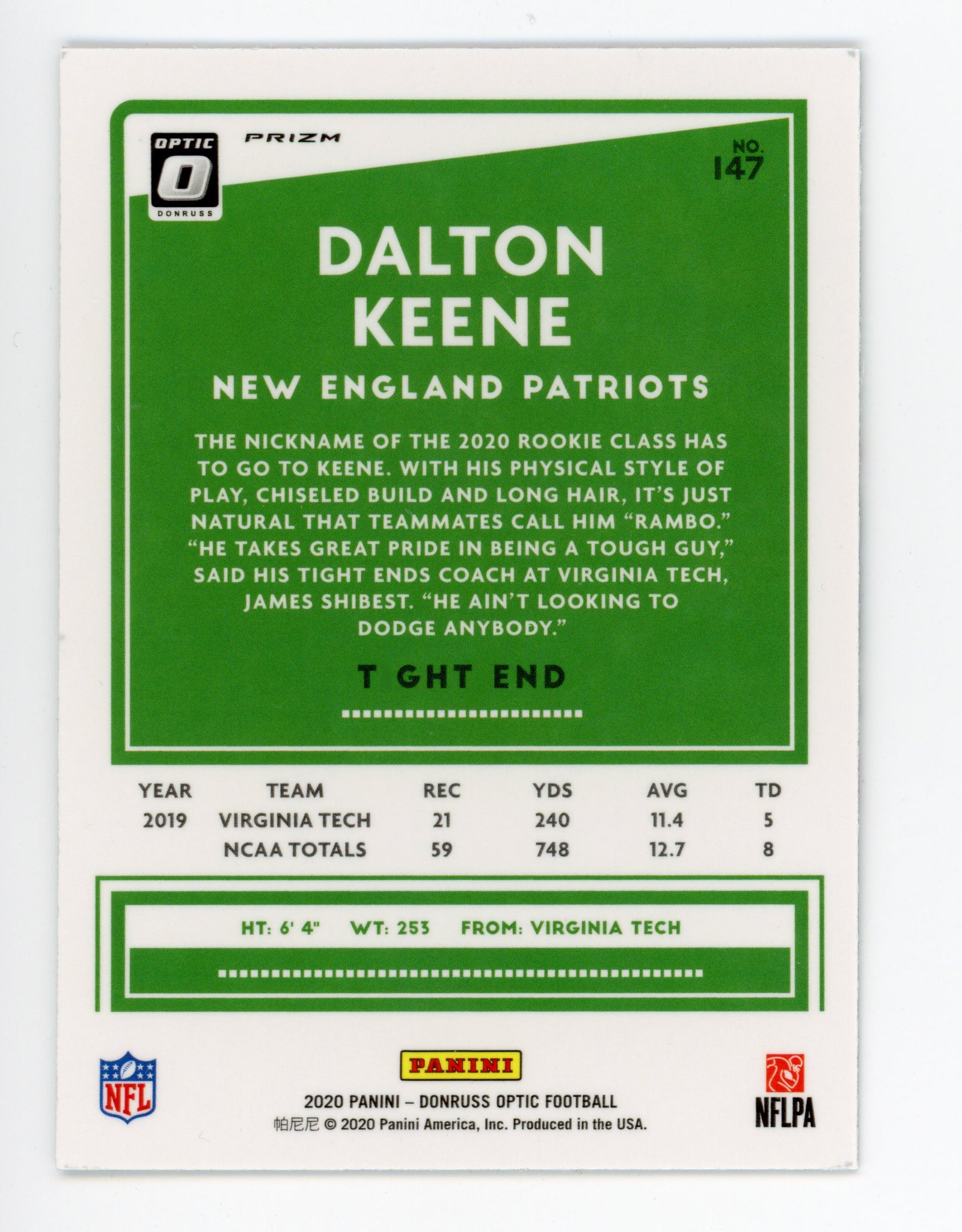 2020 Dalton Keene Prizm Rookie Panini New England Patriots # 147