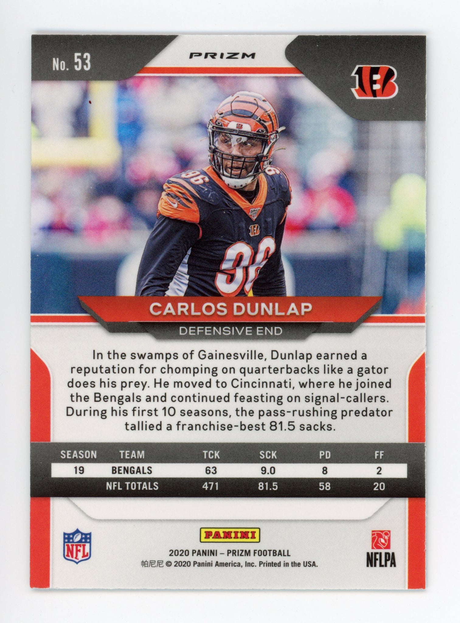 2020 Carlos Dunlap Prizm Panini Cincinnati Bengals # 53