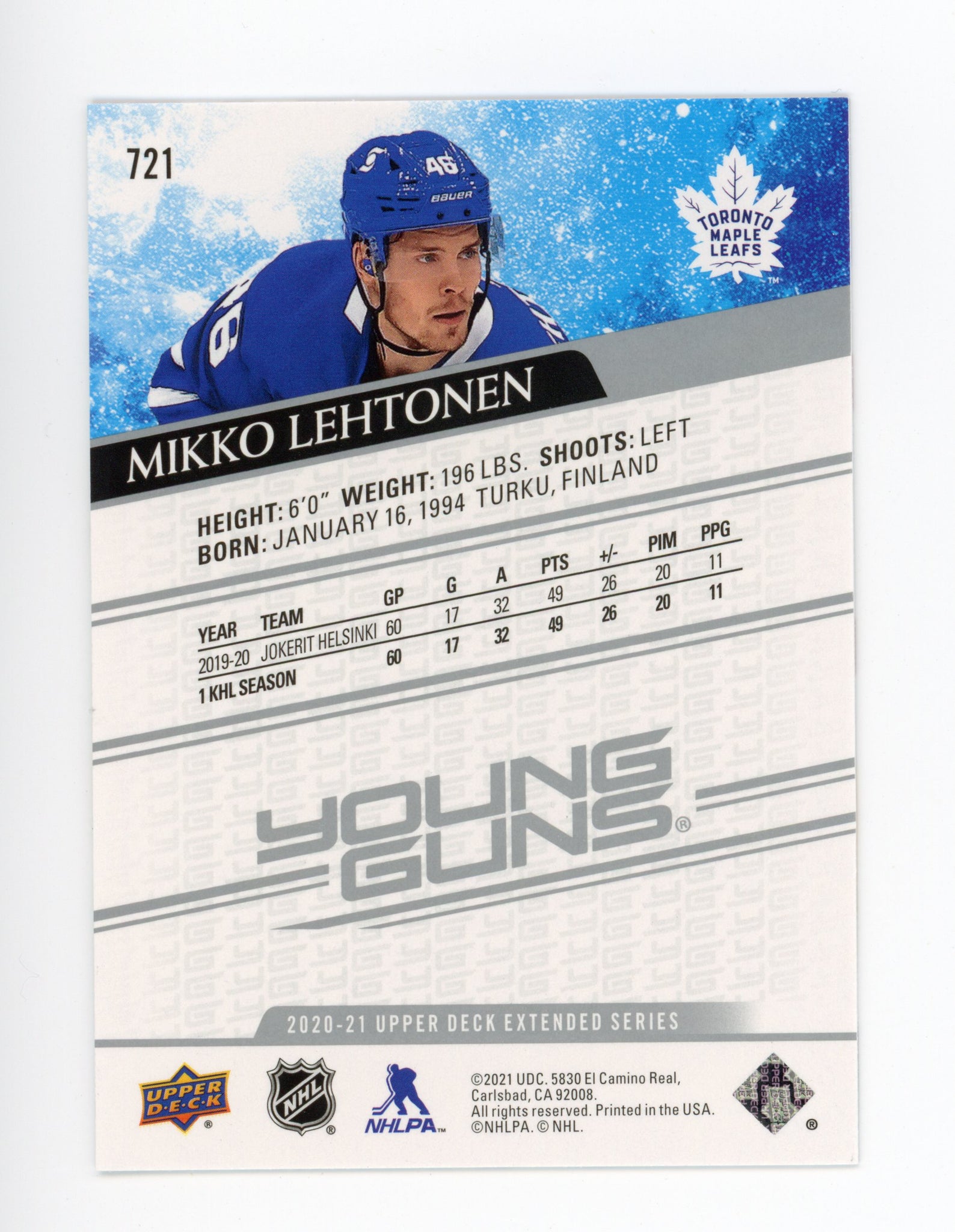 2020-2021 Mikko Lehtonen Young Guns Upper Deck Extended Series Toronto Maple Leafs # 721