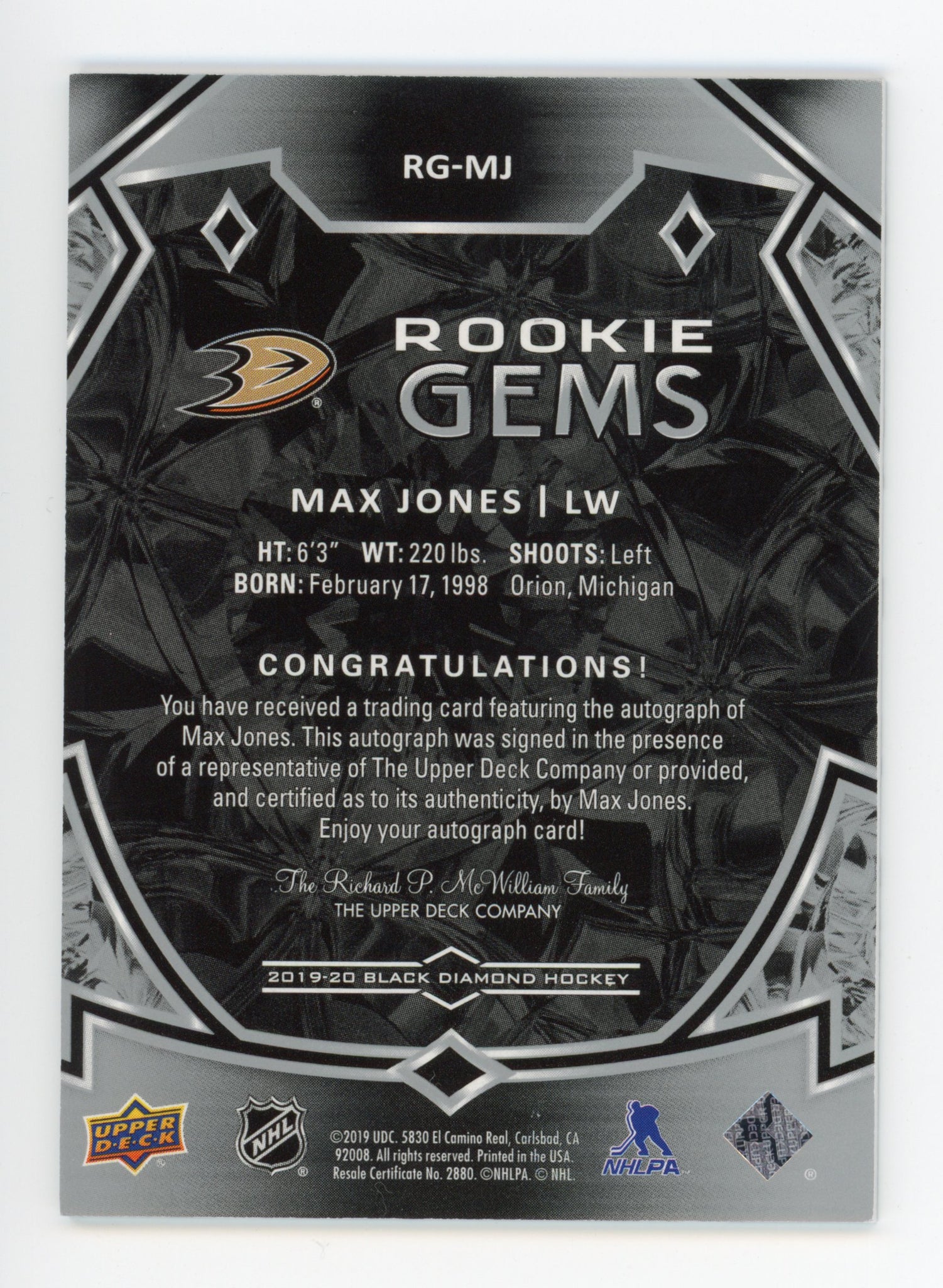 2019-2020 Max Jones Rookie Gems #d /199 Black Diamond Anaheim Ducks # RG-MJ