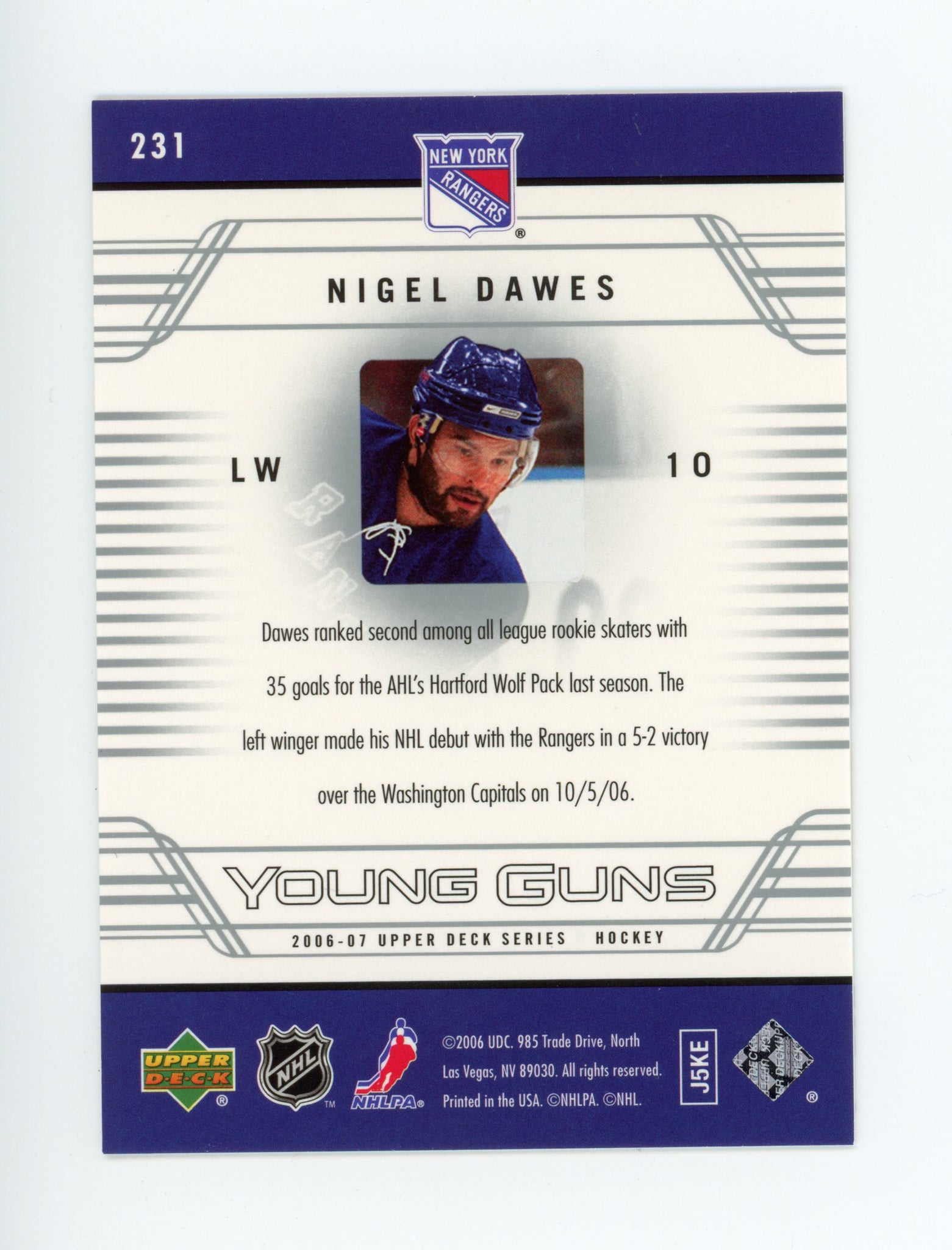 2006-2007 Nigel Dawes Young Guns Upper Deck Series 1 New York Rangers # 231