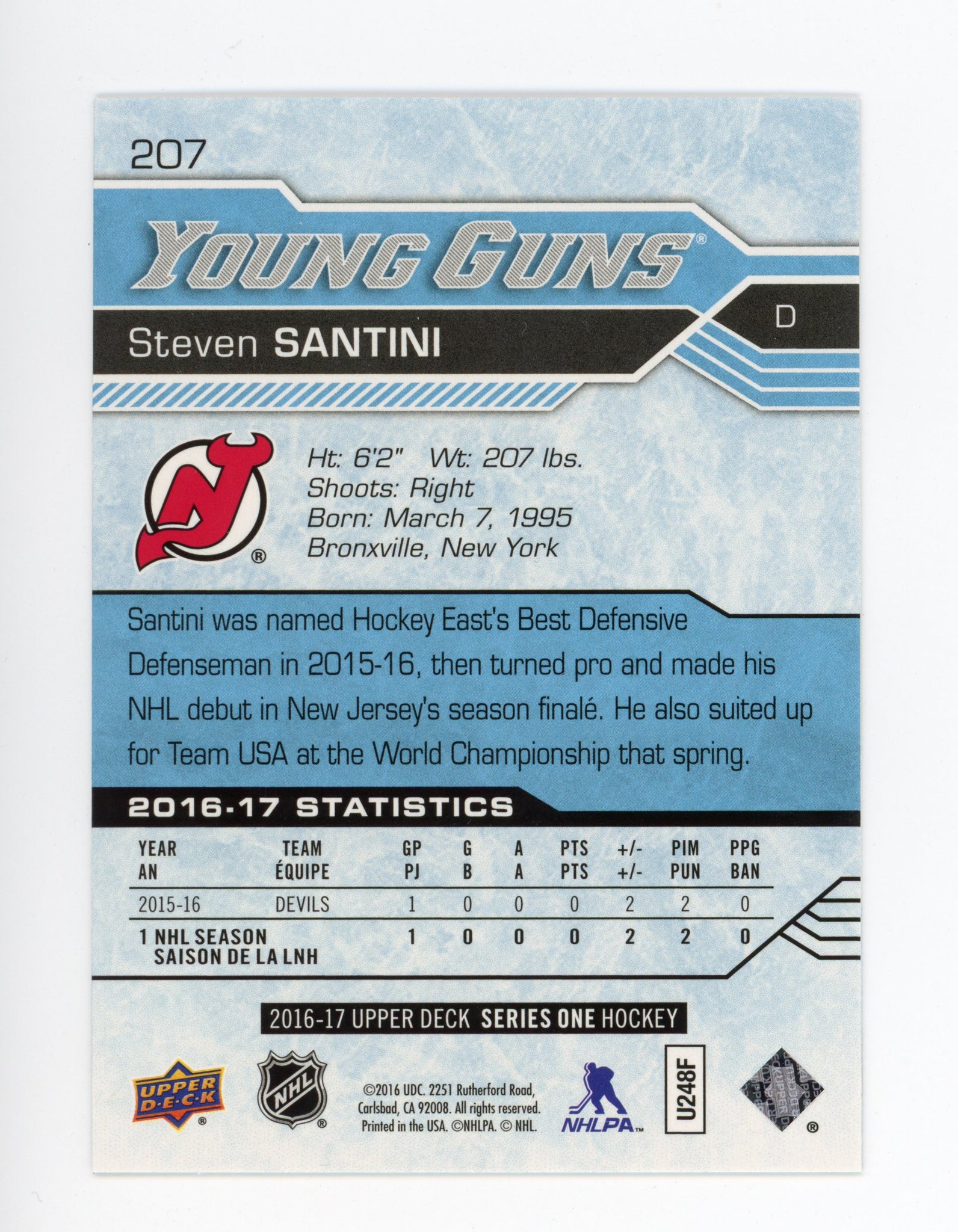 2016-2017 Steven Santini Young Guns Upper Deck Series 1 New Jersey Devils # 207