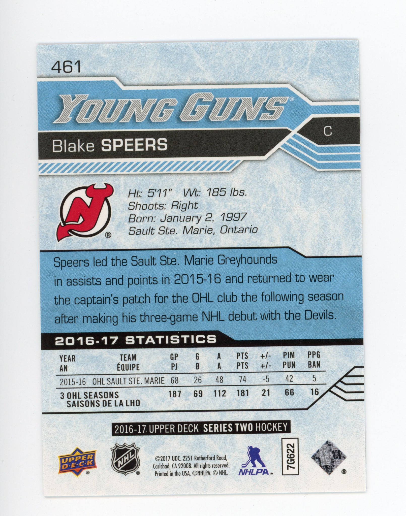 2016-2017 Blake Speers Young Guns Upper Deck Series 2 New Jersey Devils # 461