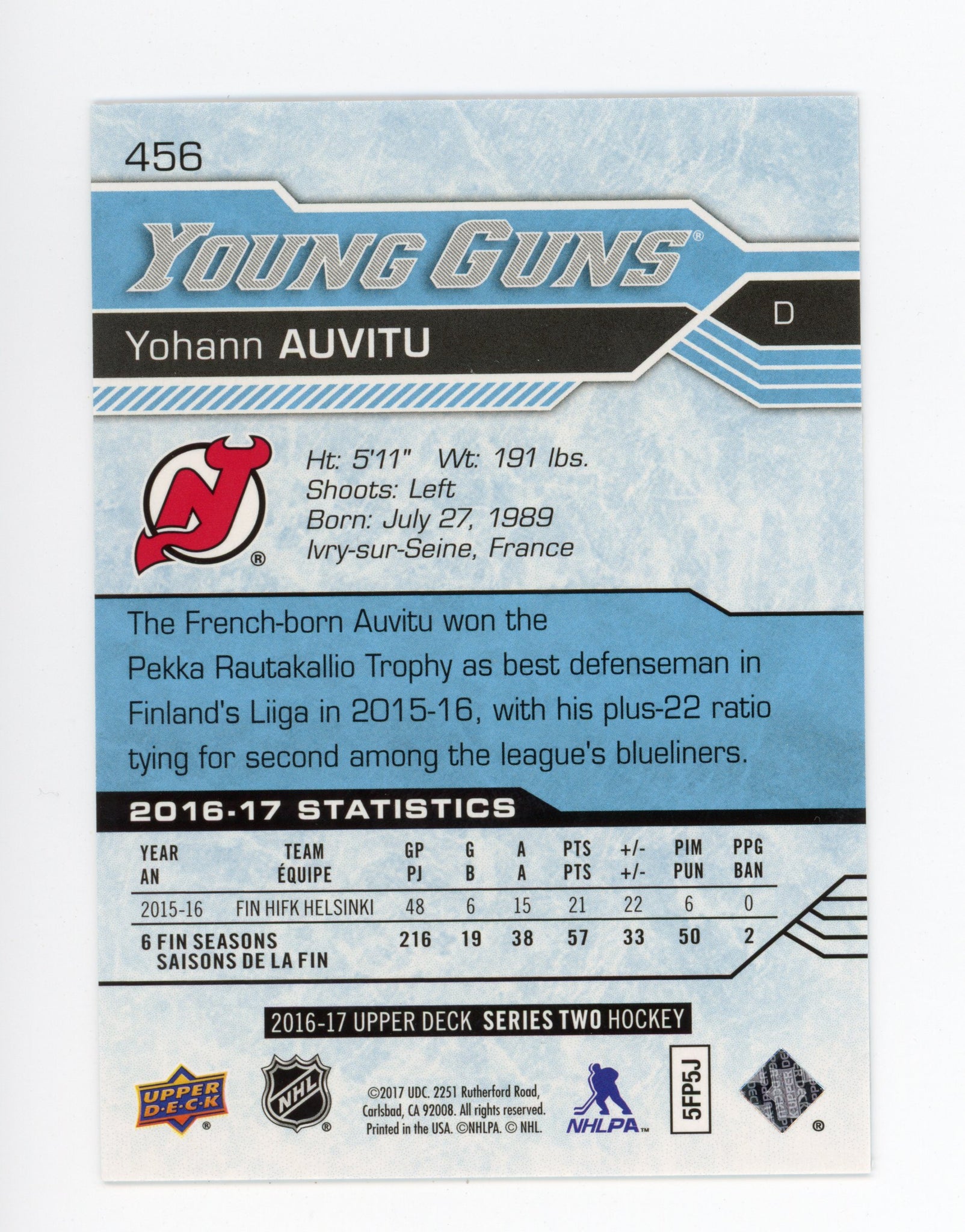 2016-2017 Yohann Auvitu Young Guns Upper Deck New Jersey Devils # 456