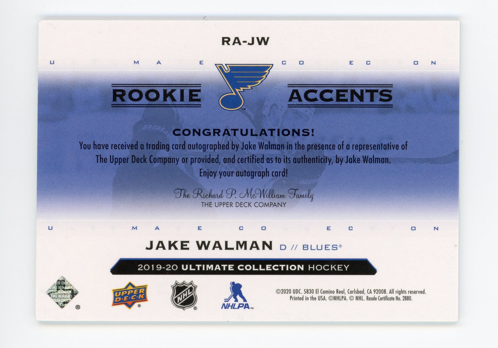 2019-2020 Jake Walman Rookie Accents #d /65 Ultimate Collection # RA-JW