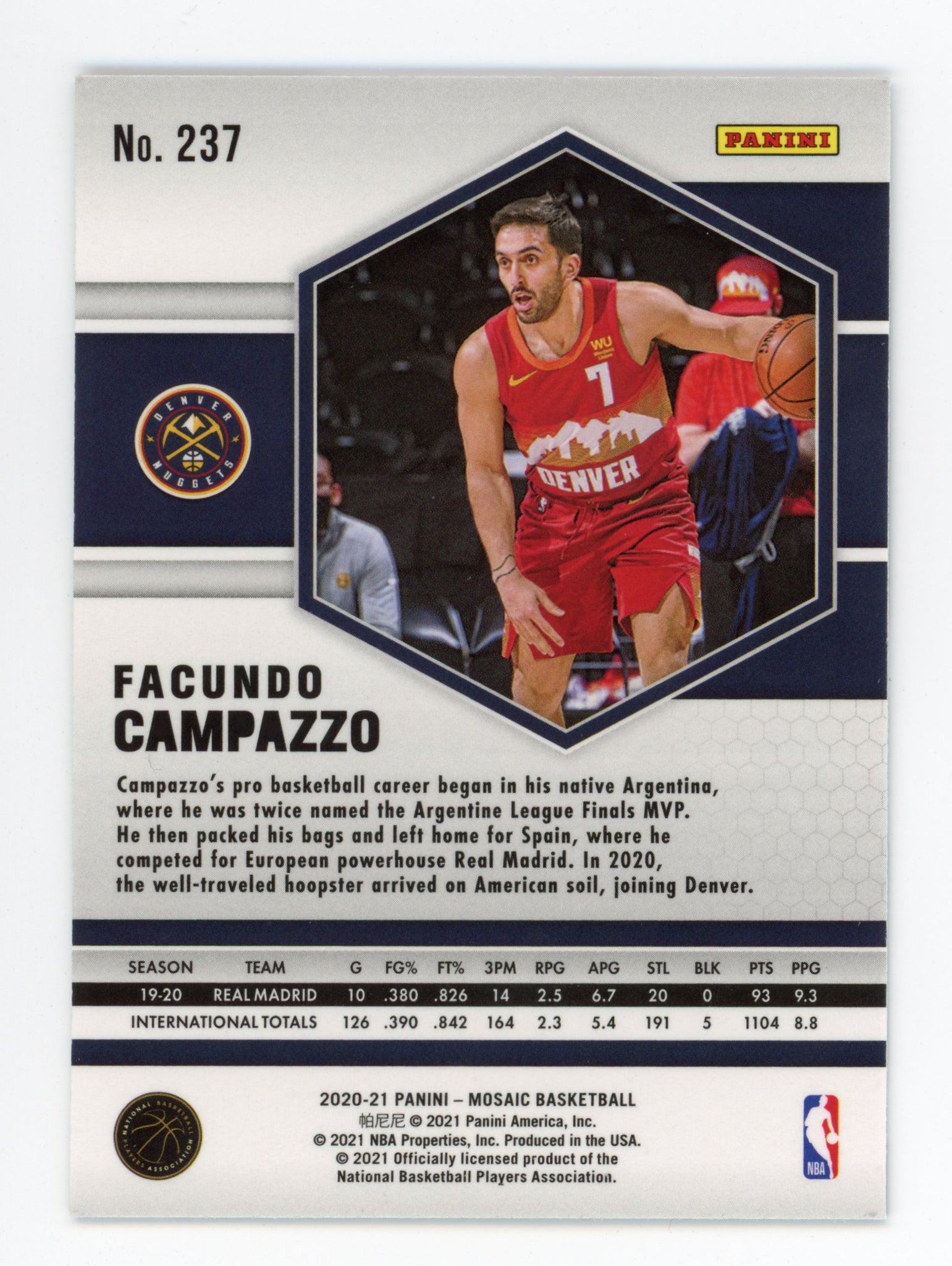 2020-2021 Facundo Campazzo Rookie Mosaic Panini Denver Nuggets # 237
