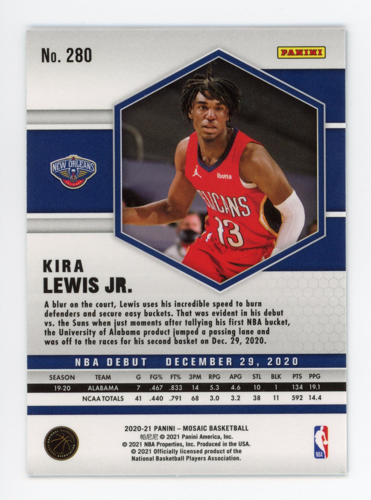 2020-2021 Kira Lewis Jr NBA Debut Rookie Mosaic New Orleans Pelicans # 280