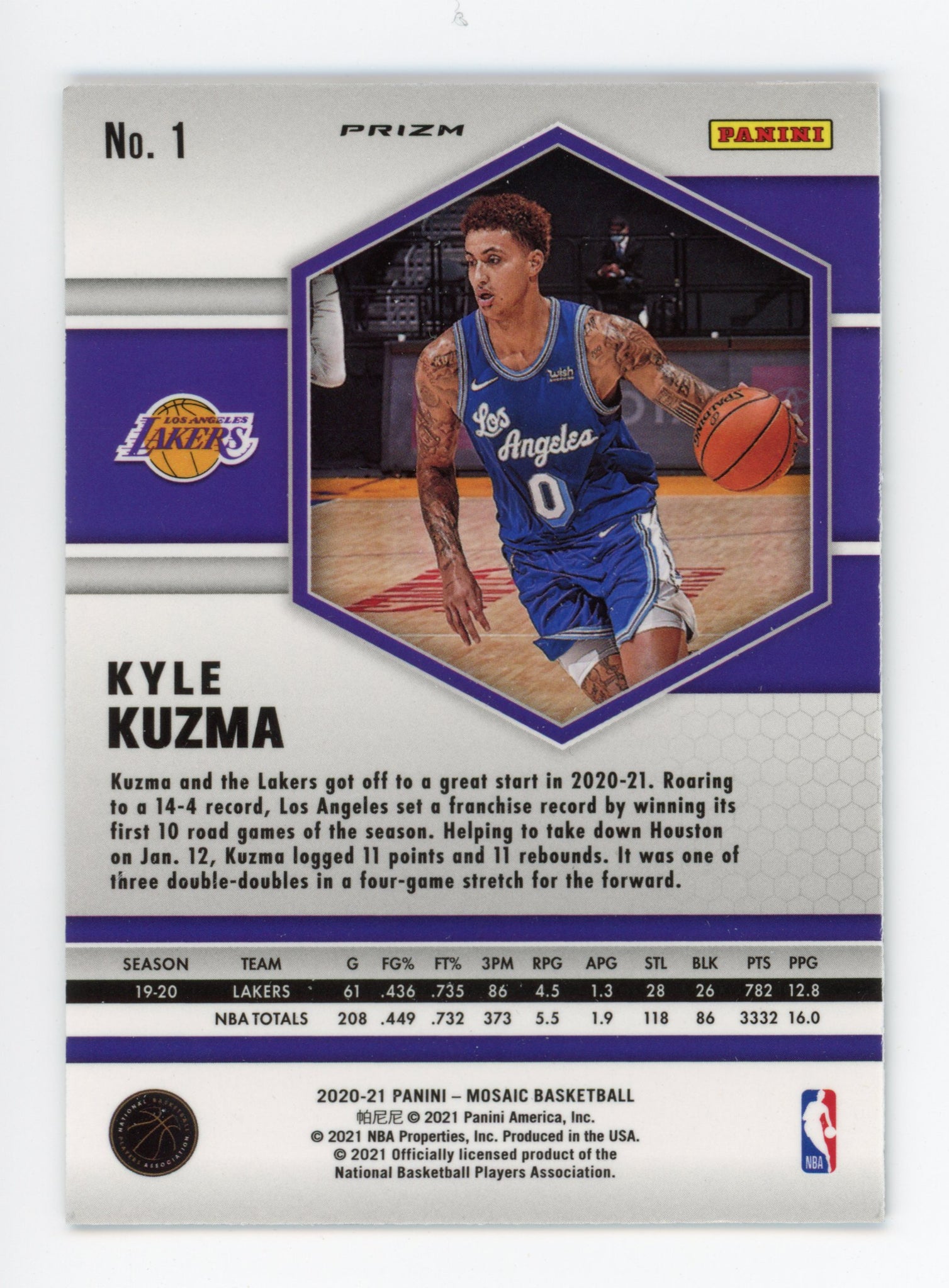 2020-2021 Kyle Kuzma Prizm Mosaic Panini Los Angeles Lakers # 1