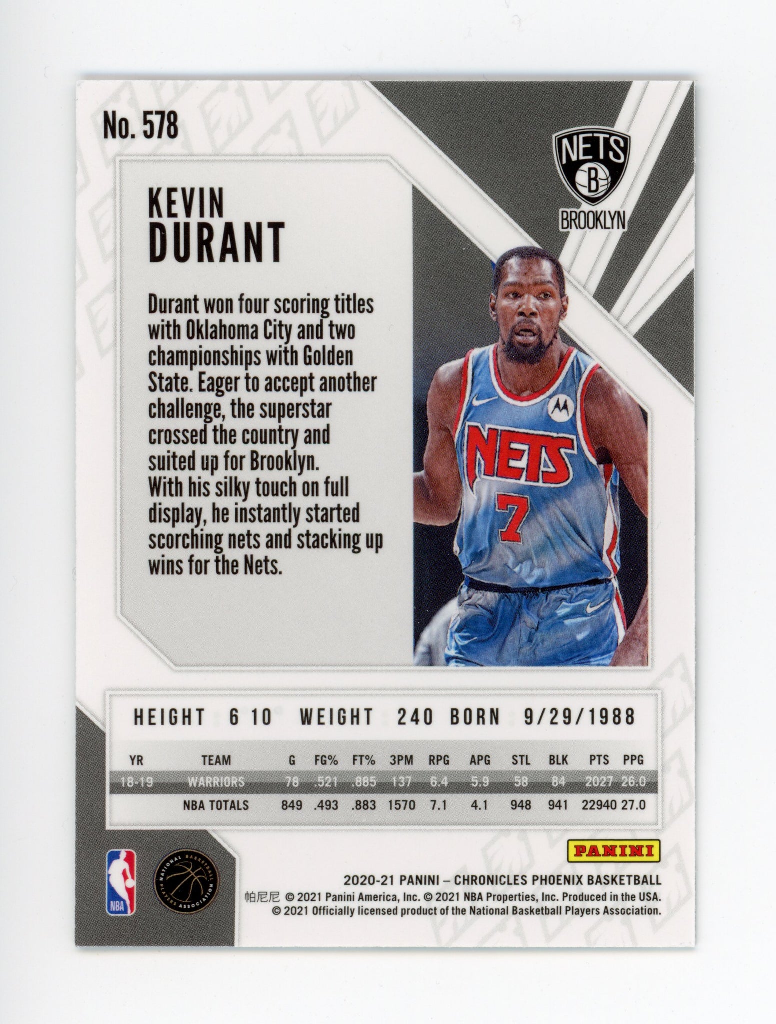 2020-2021 Kevin Durant Prizm Phoenix Panini Brooklyn Nets # 578