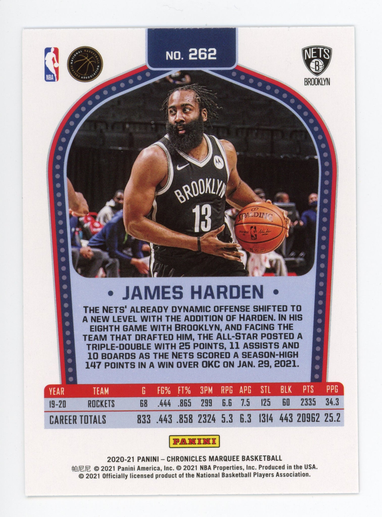 2020-2021 James Harden Marquee Panini Brooklyn Nets # 262