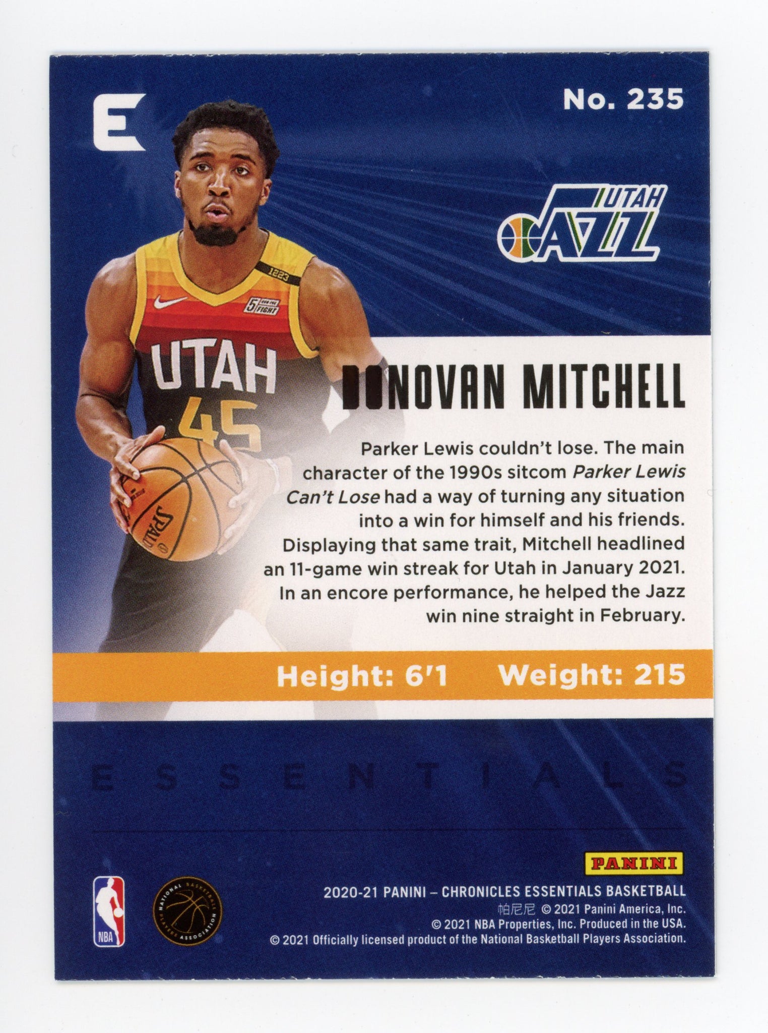 2020-2021 Donovan Mitchell Chronicles Essentials Utah Jazz # 235