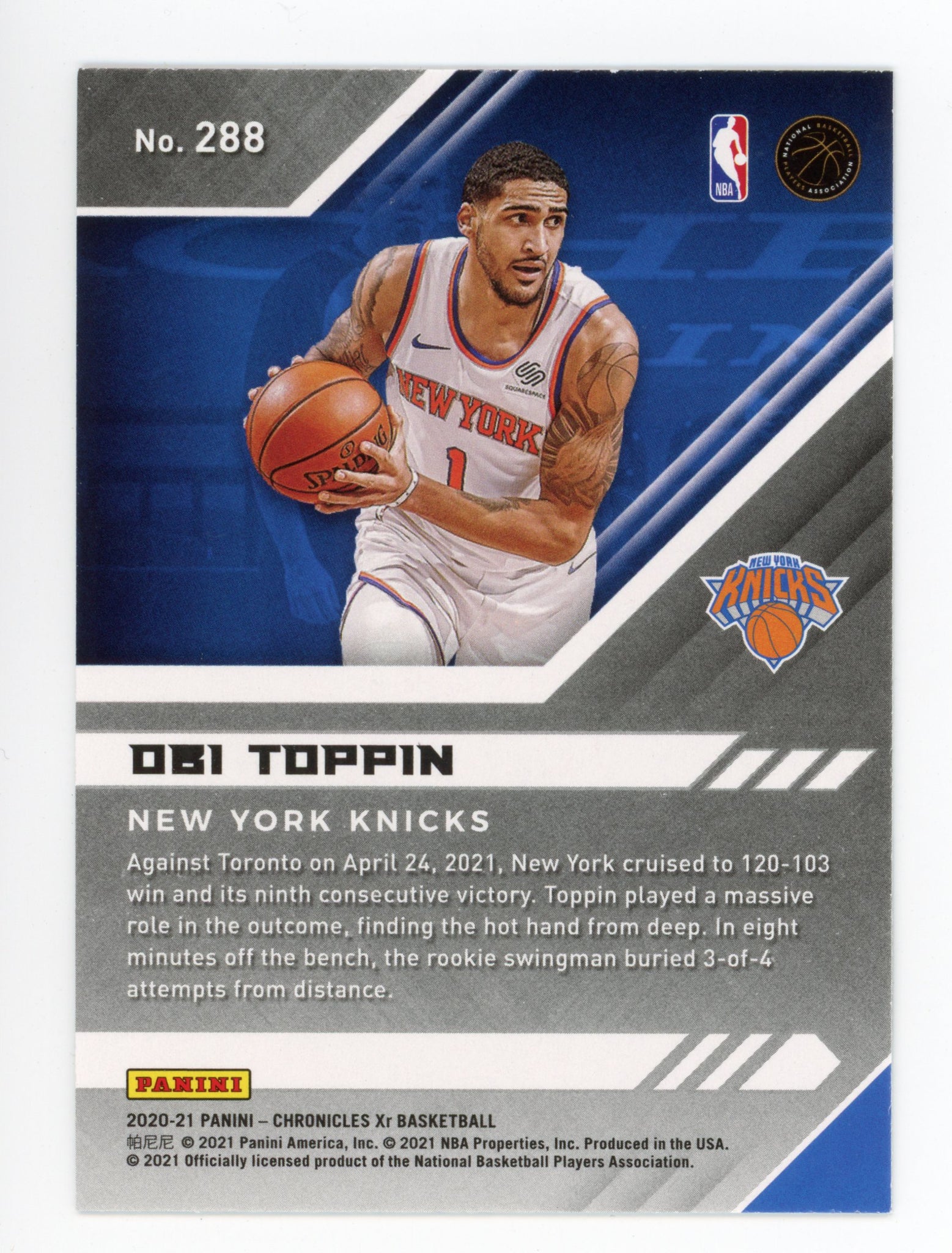2020-2021 Obi Toppin XR Prizm Rookie Chronicles New York Knicks # 288