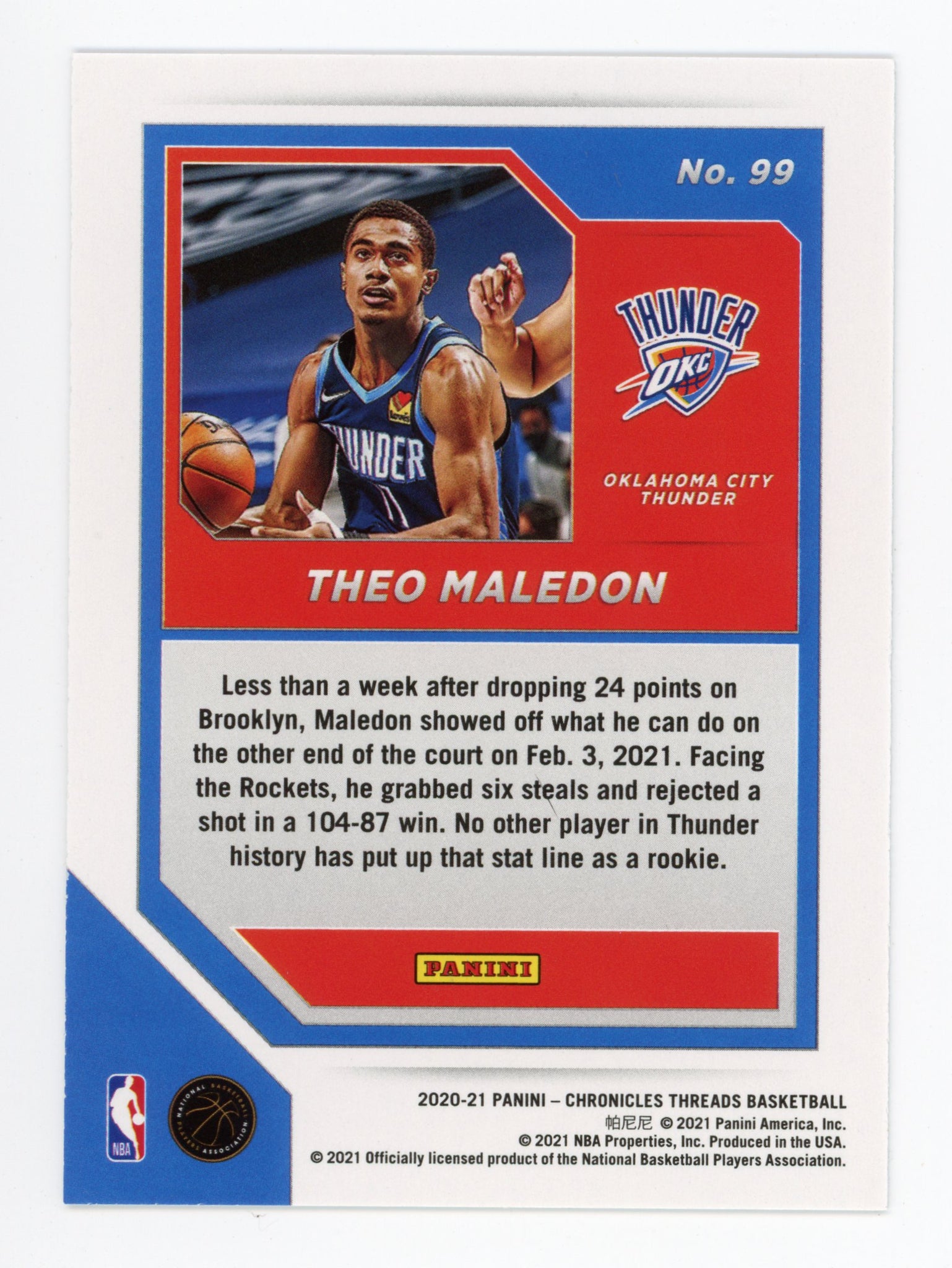 2020-2021 Theo Maledon Rookie Panini Threads Oklahoma City Thunder # 99