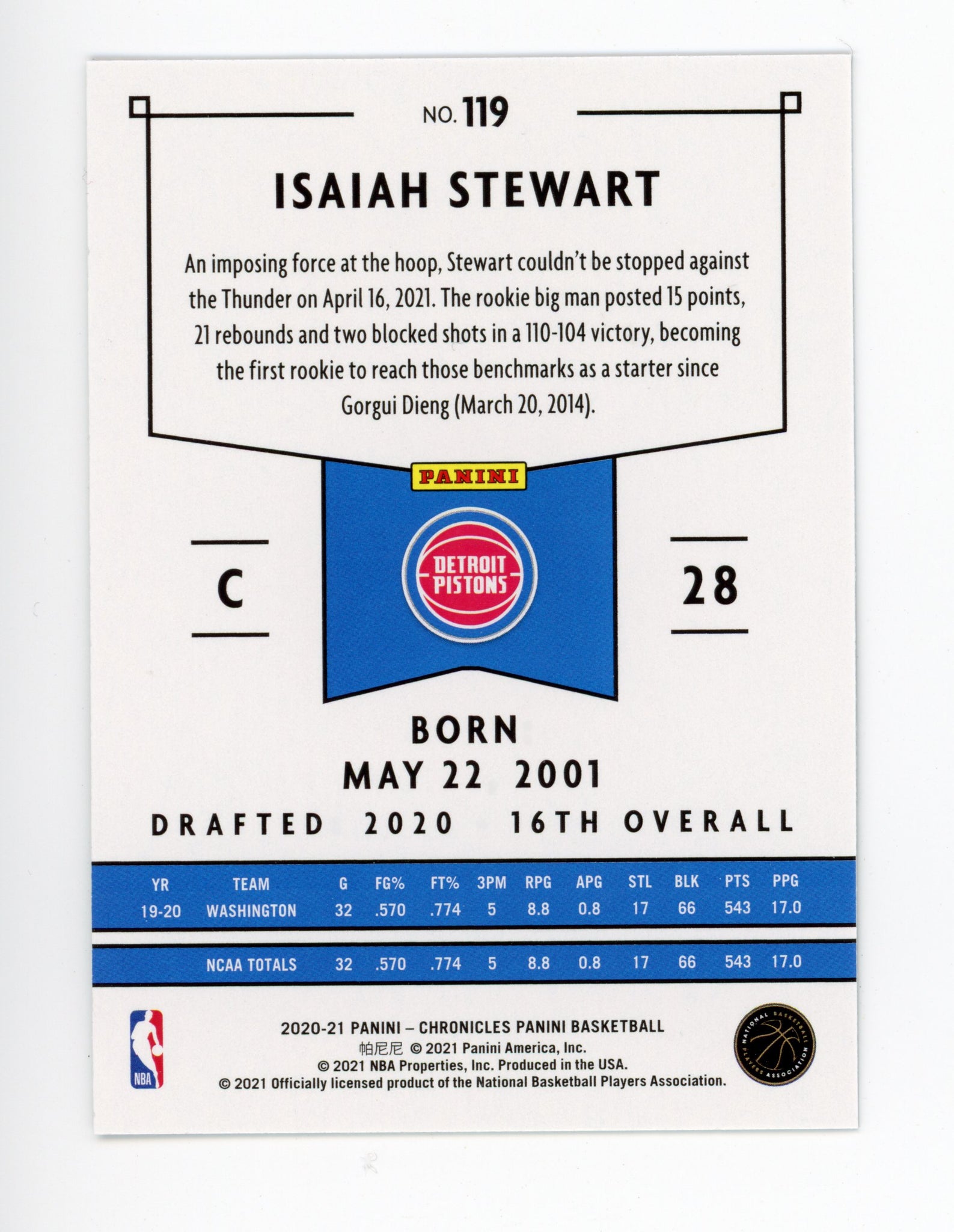 2020-2021 Isaiah Stewart Rookie Chronicles Panini Detroit Pistons # 119