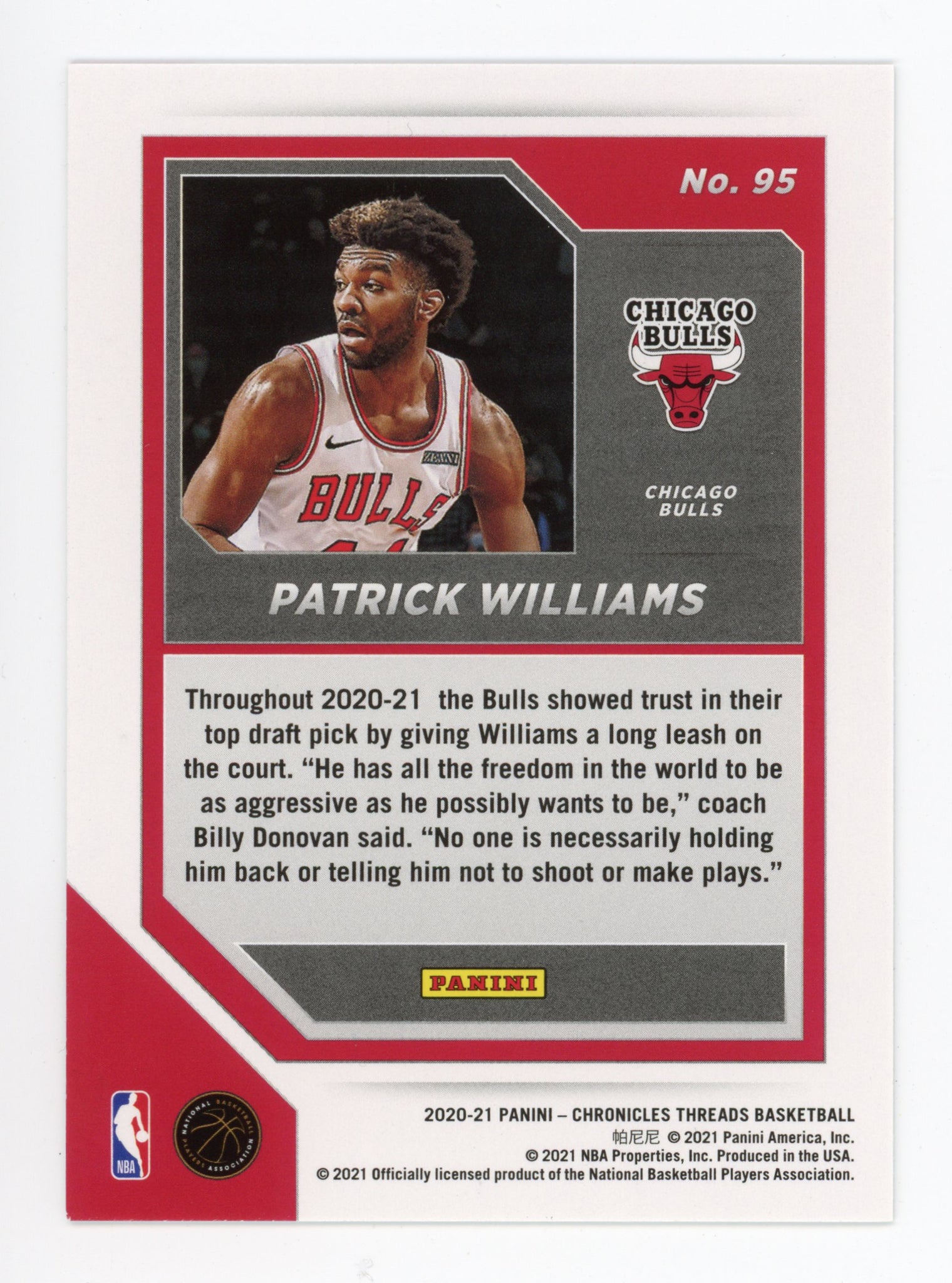 2020-2021 Patrick Williams Rookie Pink Panini Threads Chicago Bulls # 95