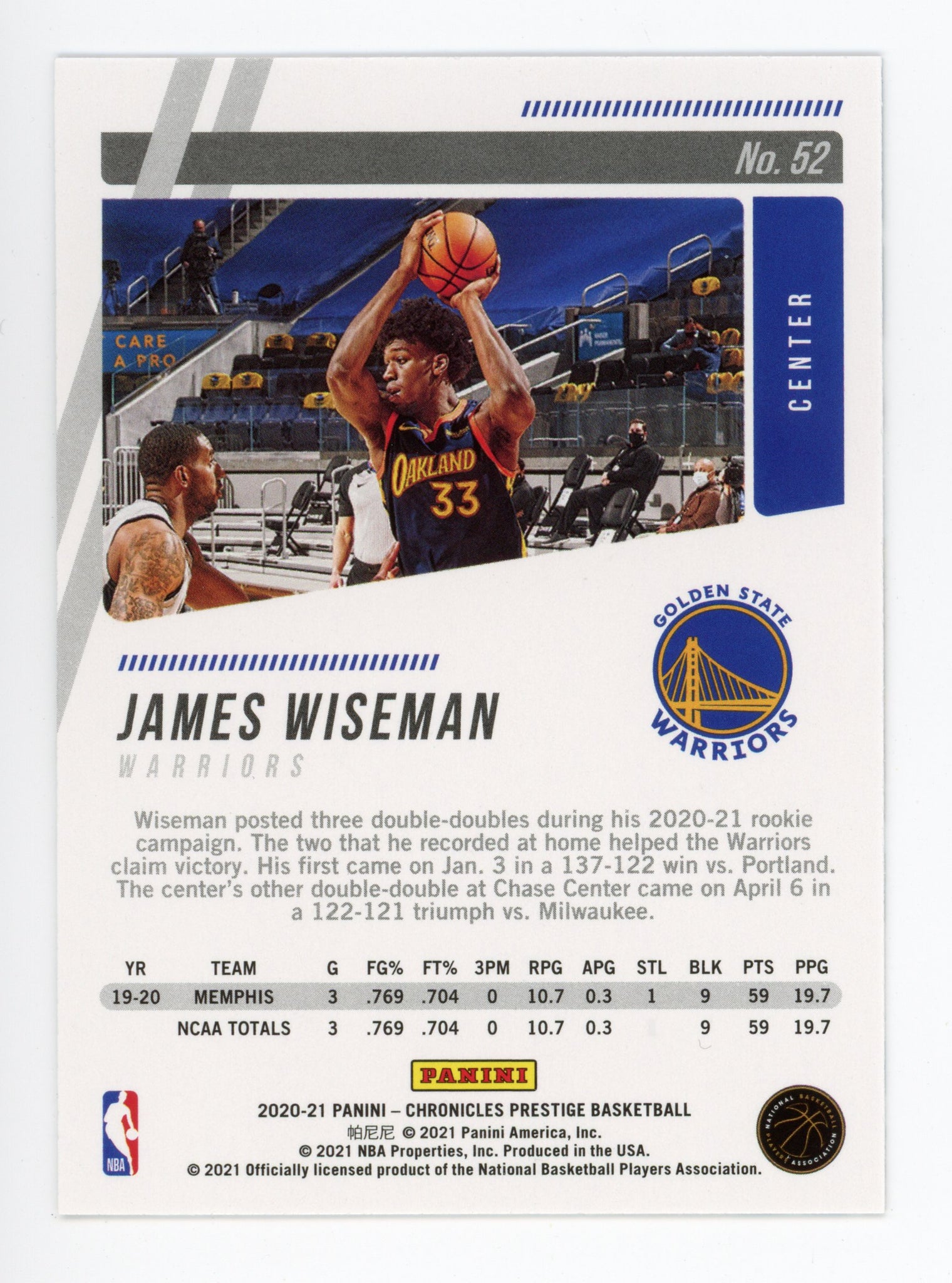 2020-2021 James Wiseman Rookie Prestige Panini Golden State Warriors # 52