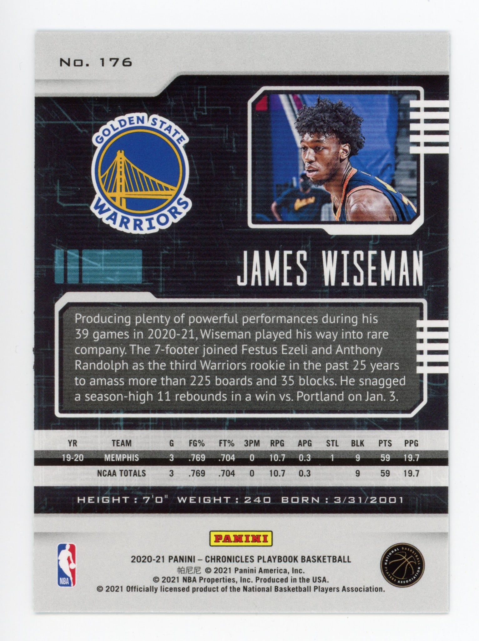 2020-2021 James Wiseman Rookie Playbook Golden State Warriors # 176